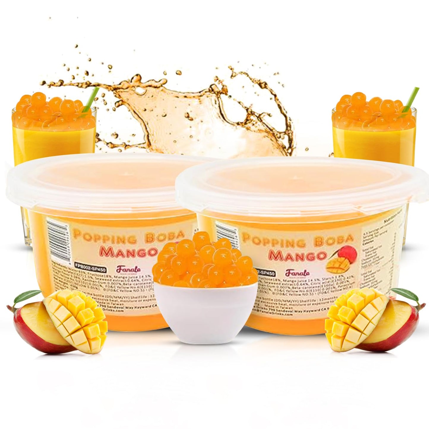 Fanale Popping Boba Pearls for Bubble Tea - 2 lb (1 lb X 2) | Mango | Bursting Boba Pearls Bubble 450g X 2 | Real Fruit Juice fo