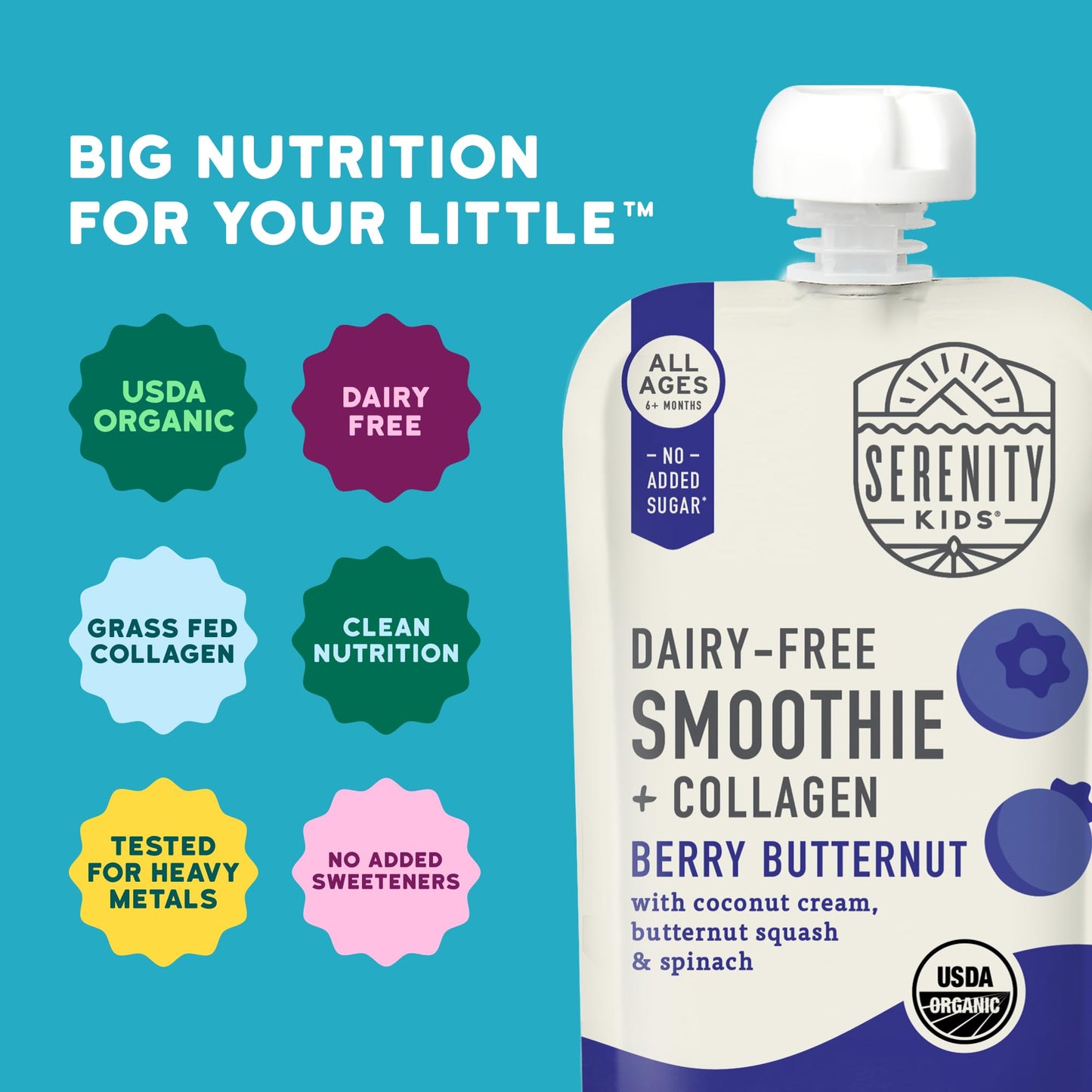 Serenity Kids 6+ Months Dairy Free Smoothie Baby Food - Usda Organic - Grass Fed Collagen Protein - 3.5 Ounce Bpa-Free Pouch - Berry Butternut Protein Smoothie Baby Pouches - 6 Count