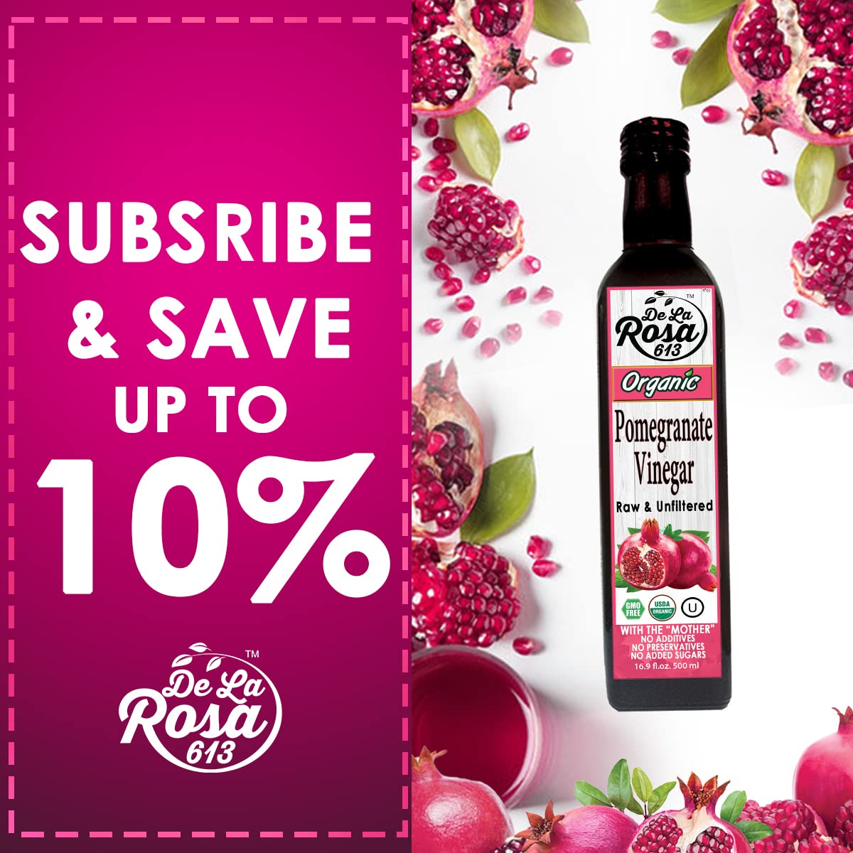 De La Rosa Organic Pomegranate Vinegar, Pure & Unfiltered, Vegan, Gluten Free & Kosher, Great For Salad Dressing, Marinades, 100% Pure Pomegranate Vinegar 16.9 Oz (Pack Of 1)