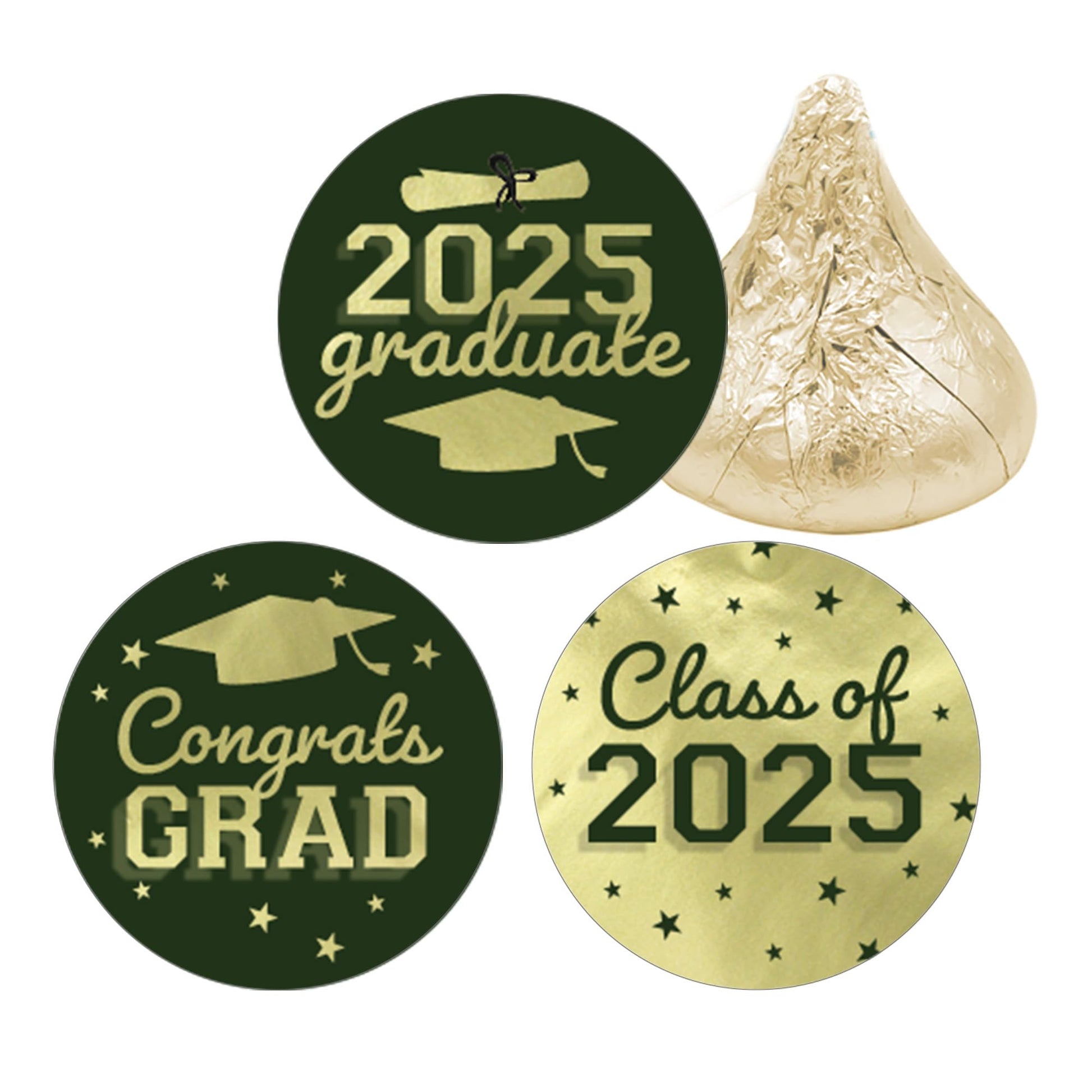 Green and Gold Graduation Party Stickers for Kisses Candy, Chocolate Drops, 2025 Grad Party Favors - 180 Count