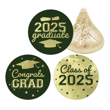 Green and Gold Graduation Party Stickers for Kisses Candy, Chocolate Drops, 2025 Grad Party Favors - 180 Count
