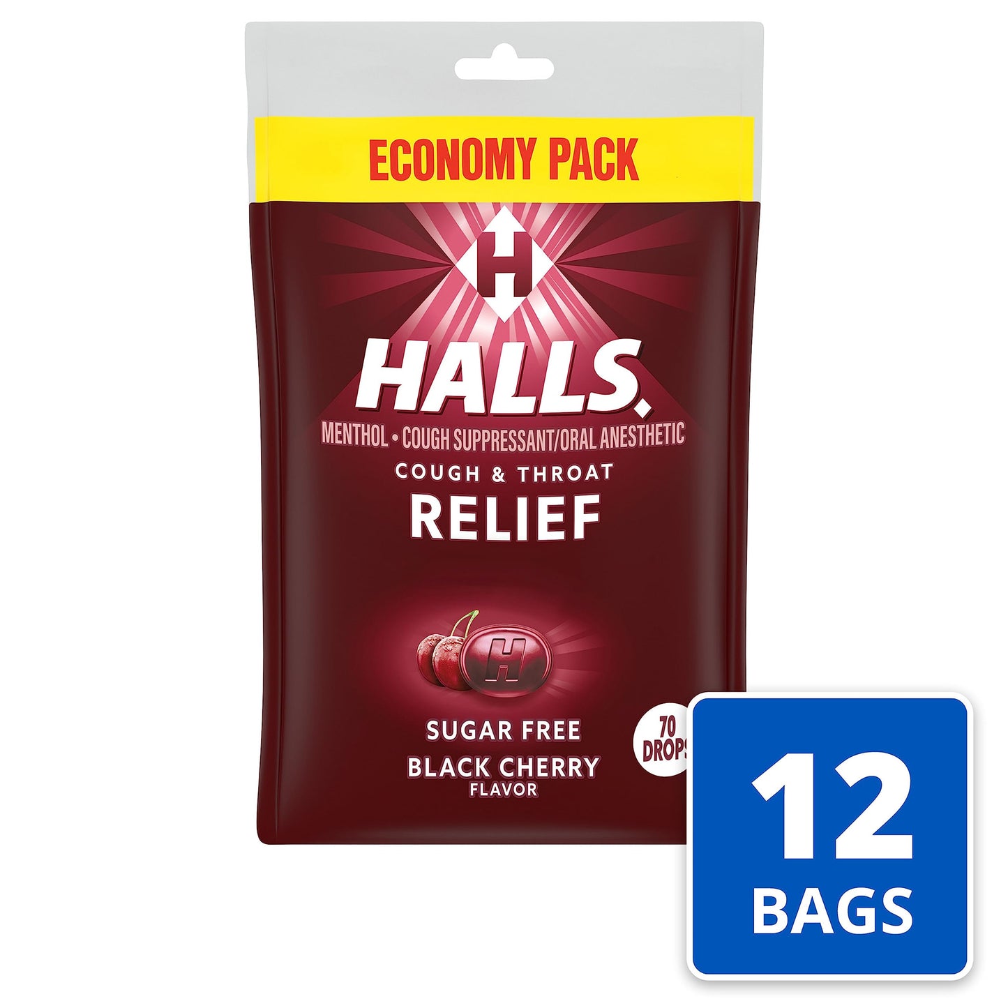 HALLS Relief Sugar Free Black Cherry Flavor Cough Drops, Economy Pack, 12 Bags (840 Total Drops)