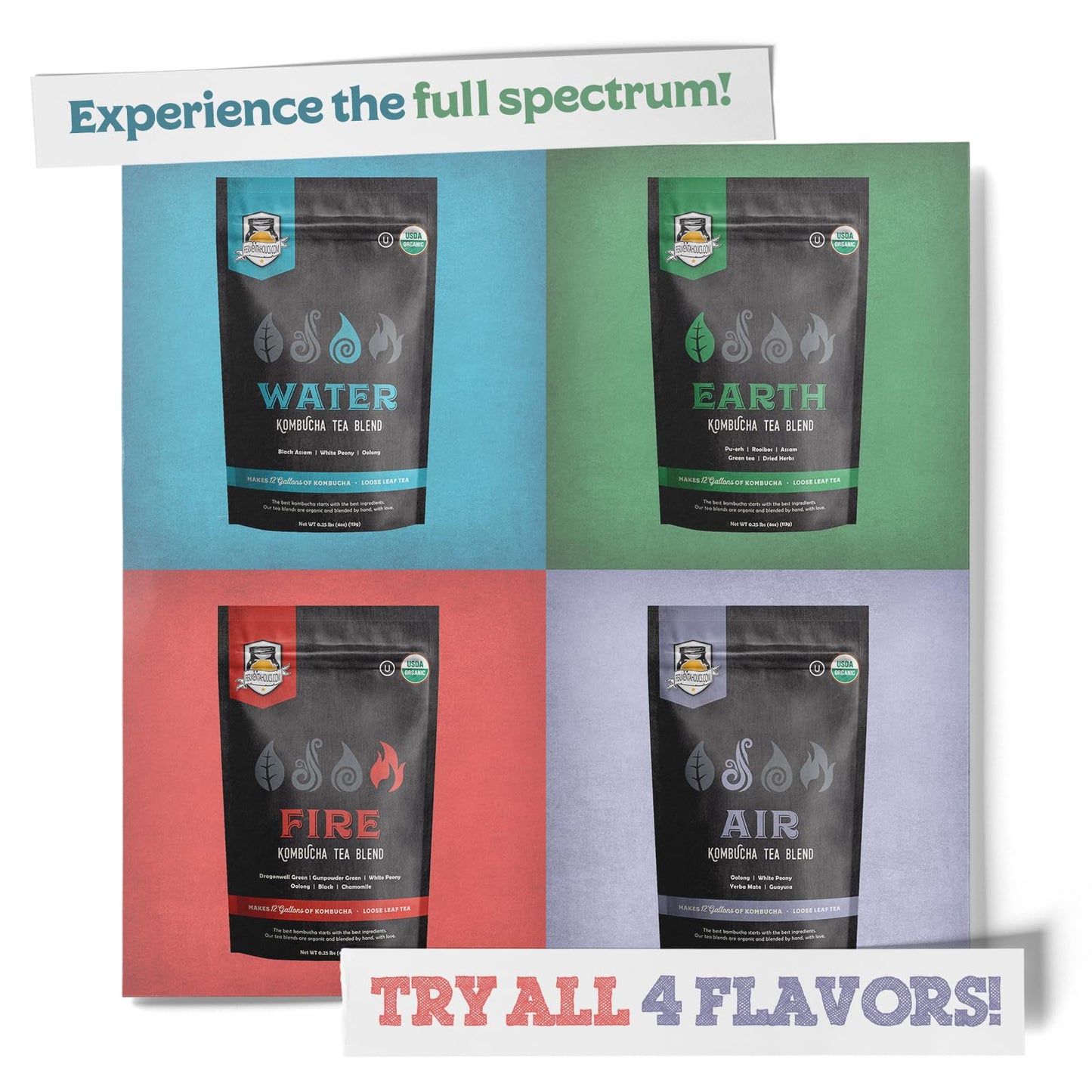 Fermentaholics - Element Kombucha Tea Blends | USDA Certified Organic Kombucha Tea Blend | Kosher Certified (Earth Blend)