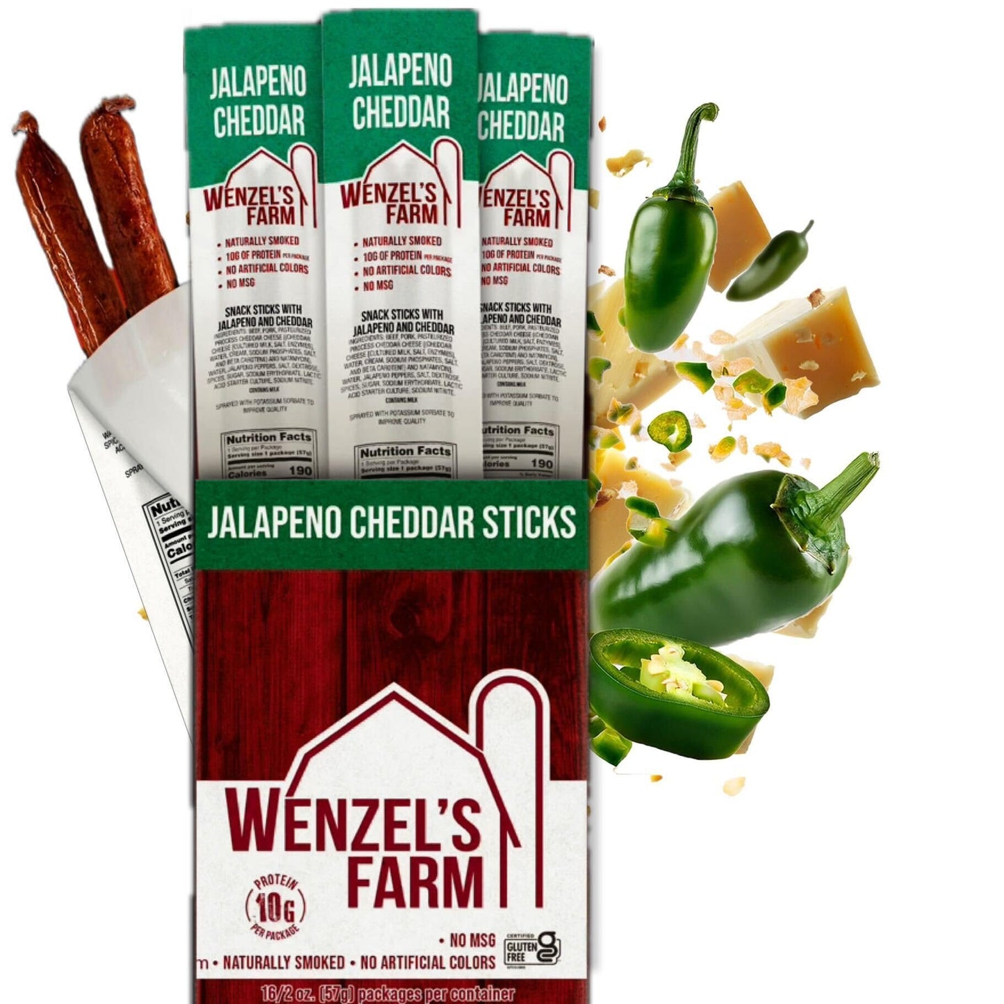 Wenzels Farm Jalapeno Cheddar Snack Sticks, Gluten-Free, High Protein, Low Carb, 32 Sticks (16 Packs of 2)