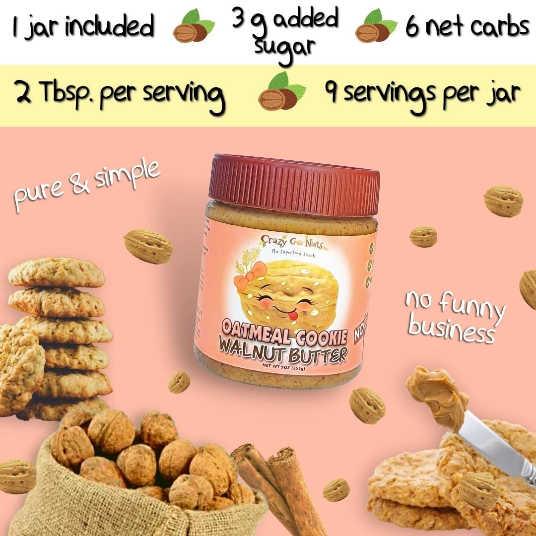 Crazy Go Nuts Walnut Butter - Oatmeal Cookie, 9 Oz (1-Pack) - Healthy Snacks, Keto, Vegan, Low Carb, Gluten Free, Superfood - Na