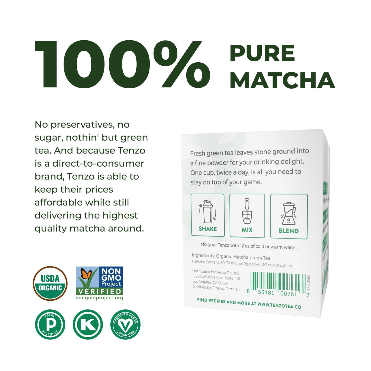 Tenzo Single Serve Matcha Green Tea Powder - Matcha Power Single Serve Sticks - Ceremonial Grade - Organic Matcha Green (10 Count)