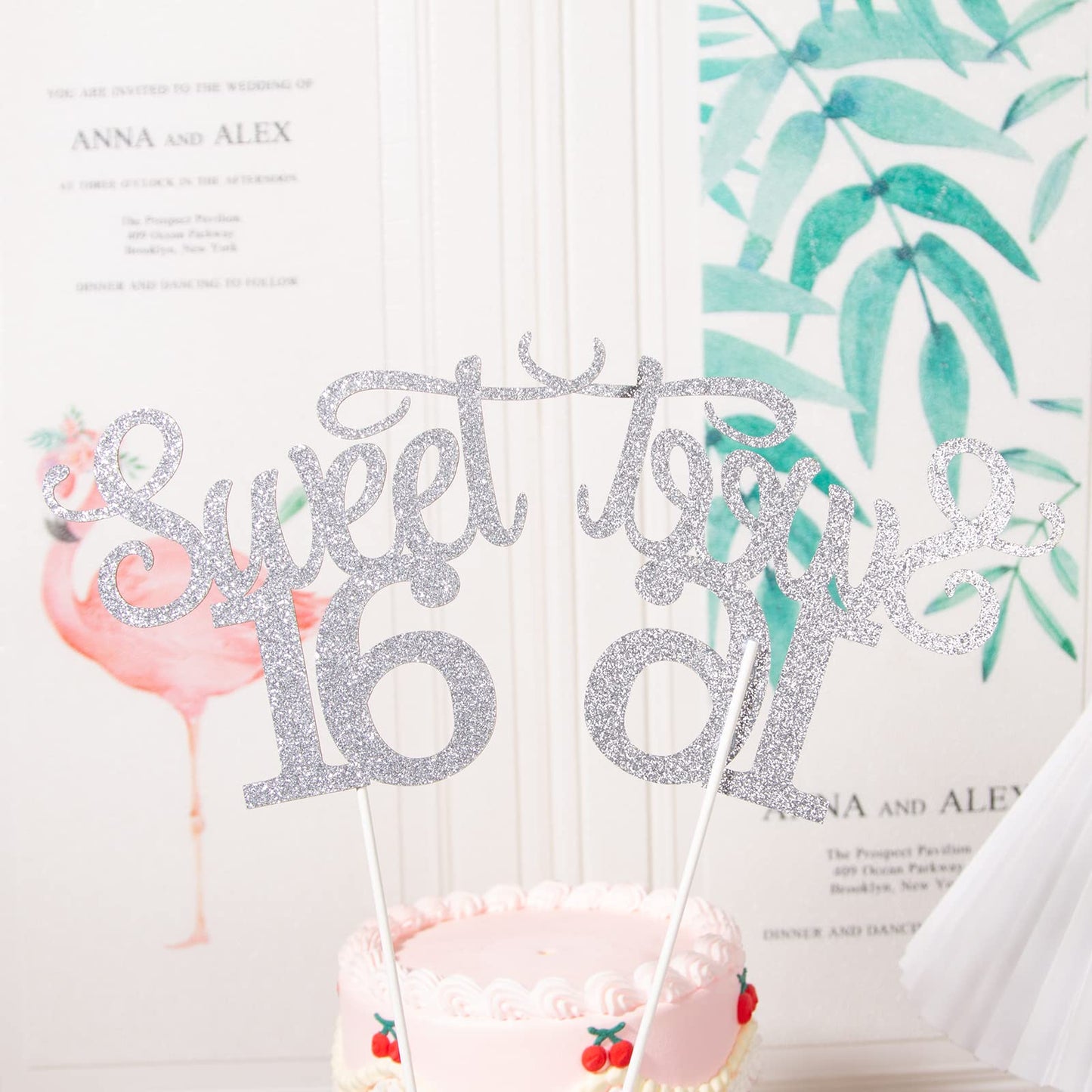 Gexolenu Silver Glitter Double-sided Happy Sweet 16 Cake Topper, Birthday Party Supplies