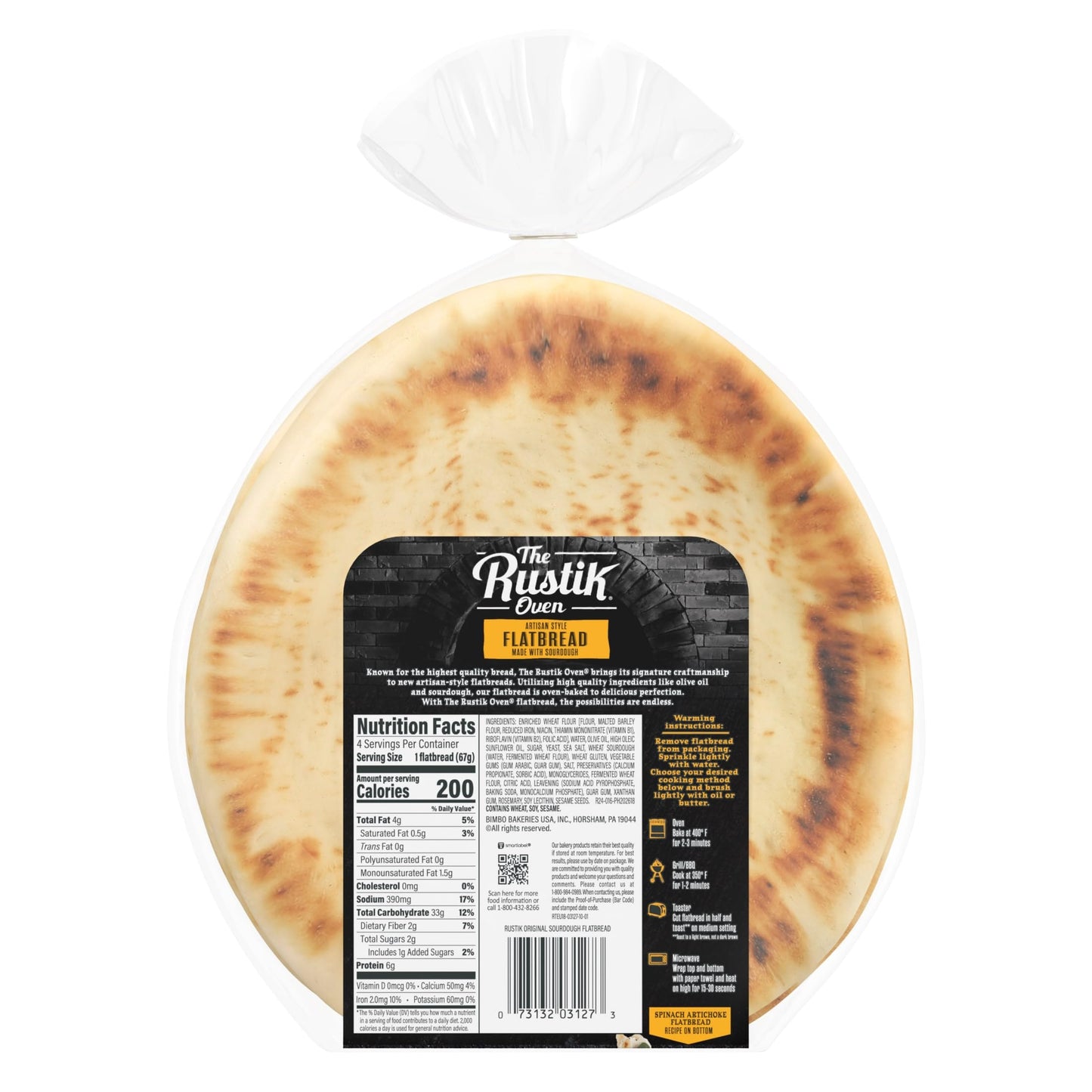 The Rustik Oven Artisan Style Original Flatbread, 4 count, (2.38 oz each), Plain Flatbread, 9.5 oz Bag