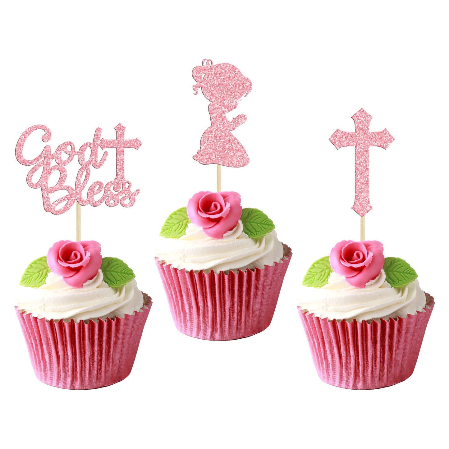 Gyufise 24Pcs Pink Glitter God Bless And Cross Cupcake Toppers Girl Babyshower Cake Topper Decorations For Babyshower Girl Bapti