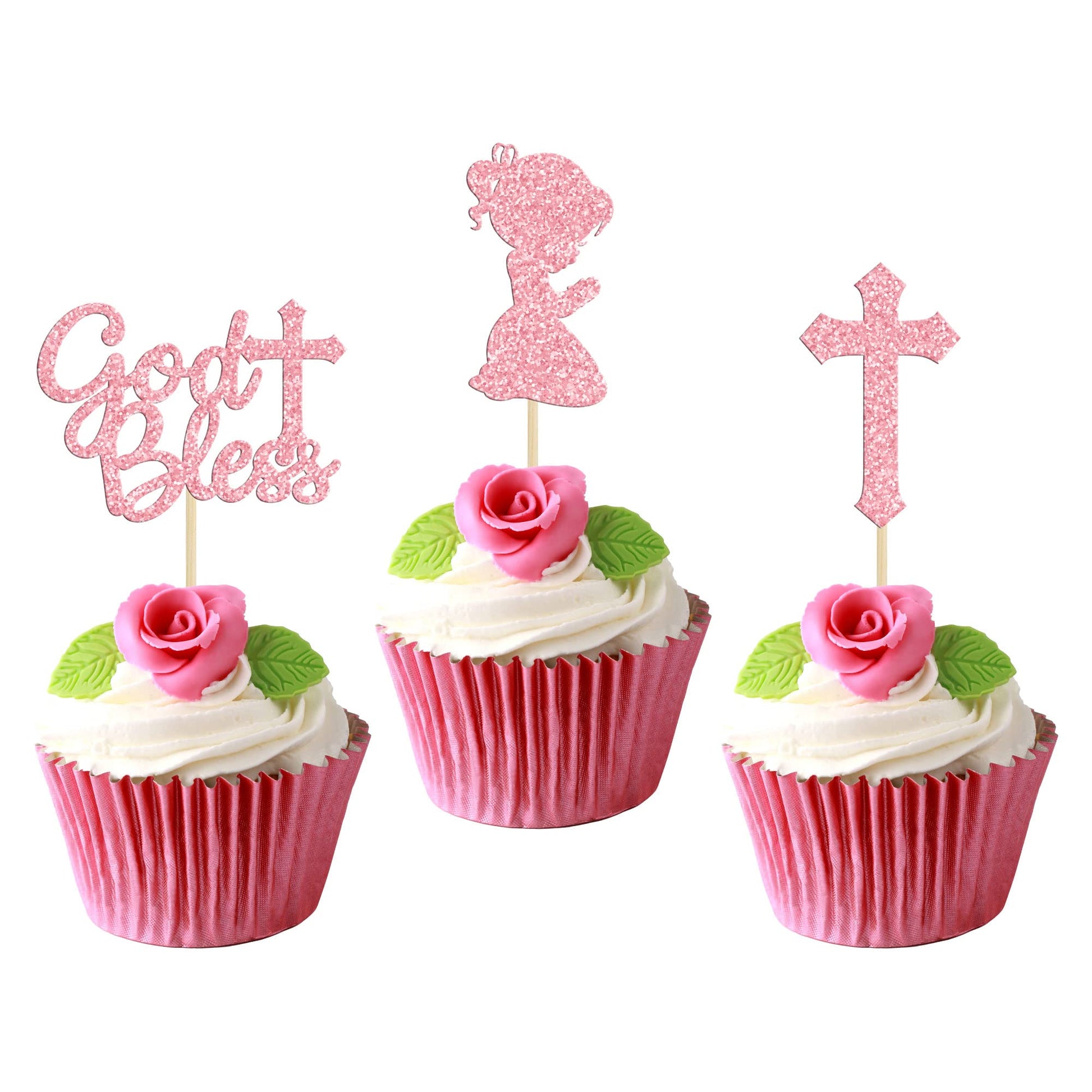 Gyufise 24Pcs Pink Glitter God Bless And Cross Cupcake Toppers Girl Babyshower Cake Topper Decorations For Babyshower Girl Bapti