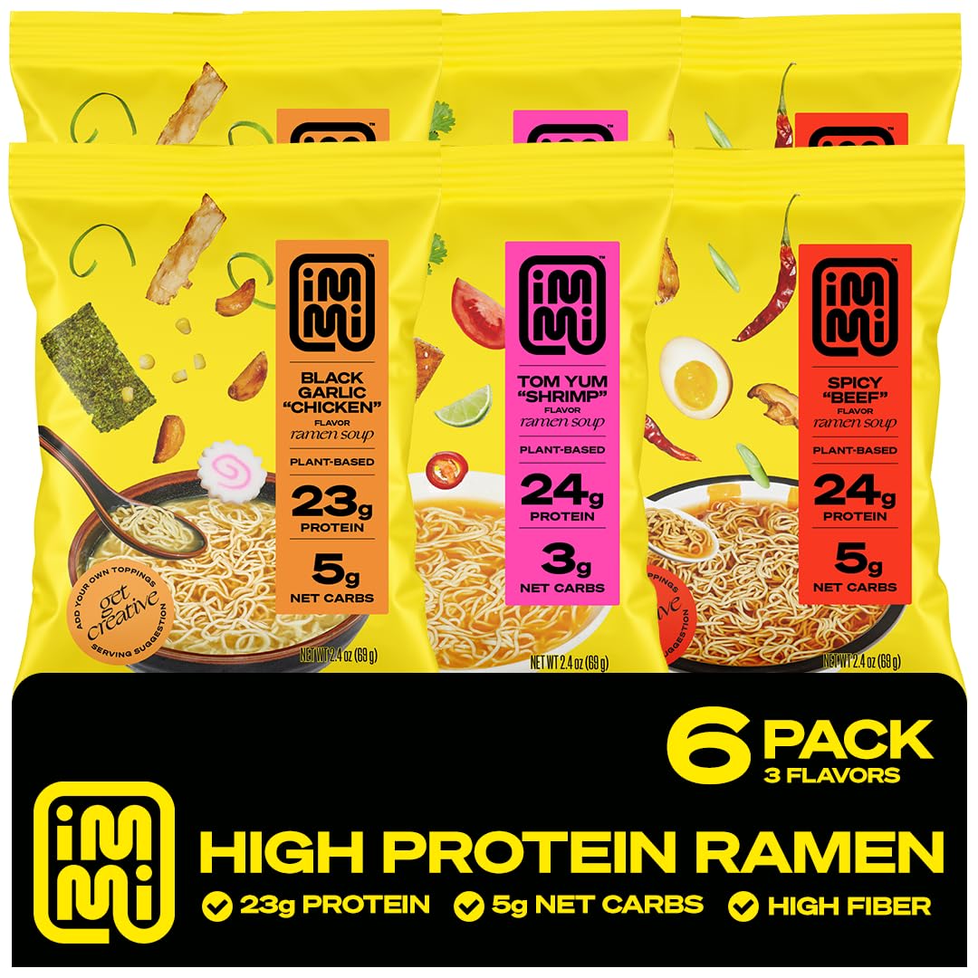 immi Ramen Variety Pack - Bold Flavors, Better Noodles - High Protein, Low Carb, Plant Based - Spicy Beef, Black Garlic Chicken,
