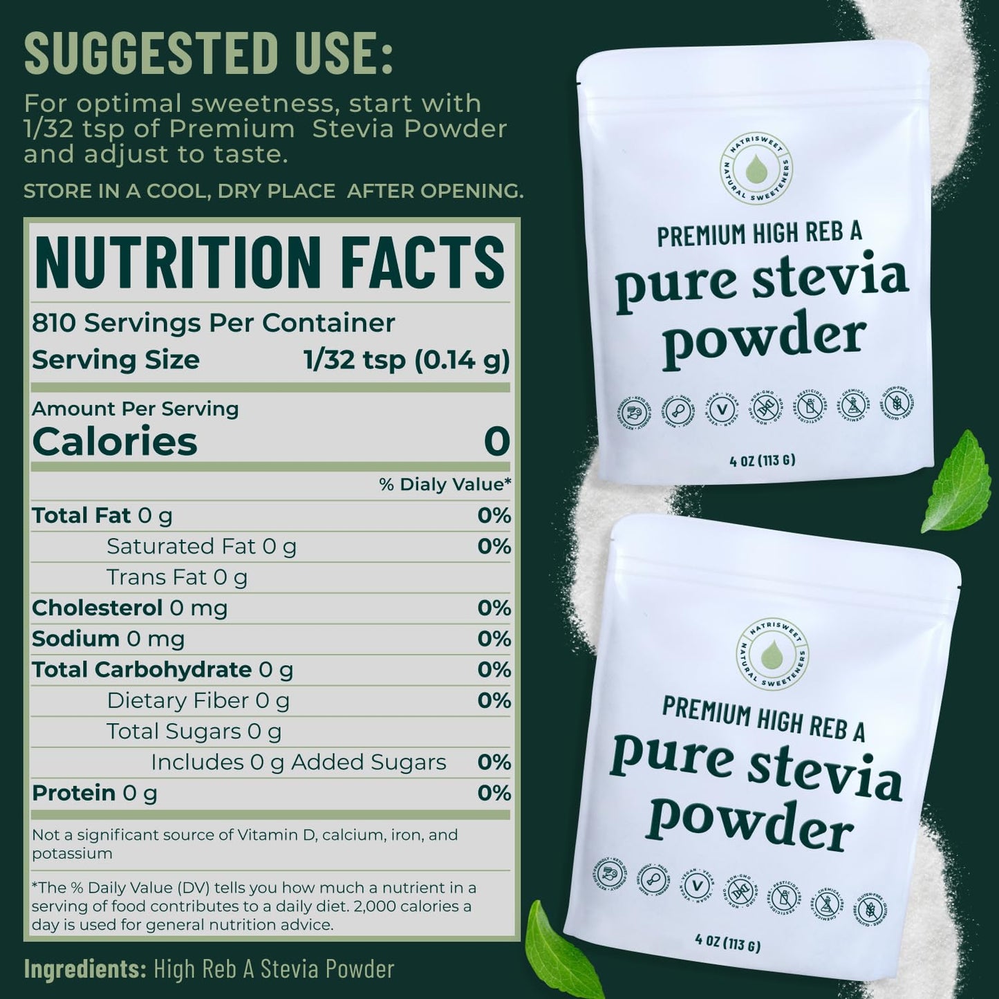NatriSweet Stevia Powder, 4 oz - Zero Calorie Sweetener, Non-GMO, Keto Friendly, No Fillers, Natural Baking Extract, 810 Servings