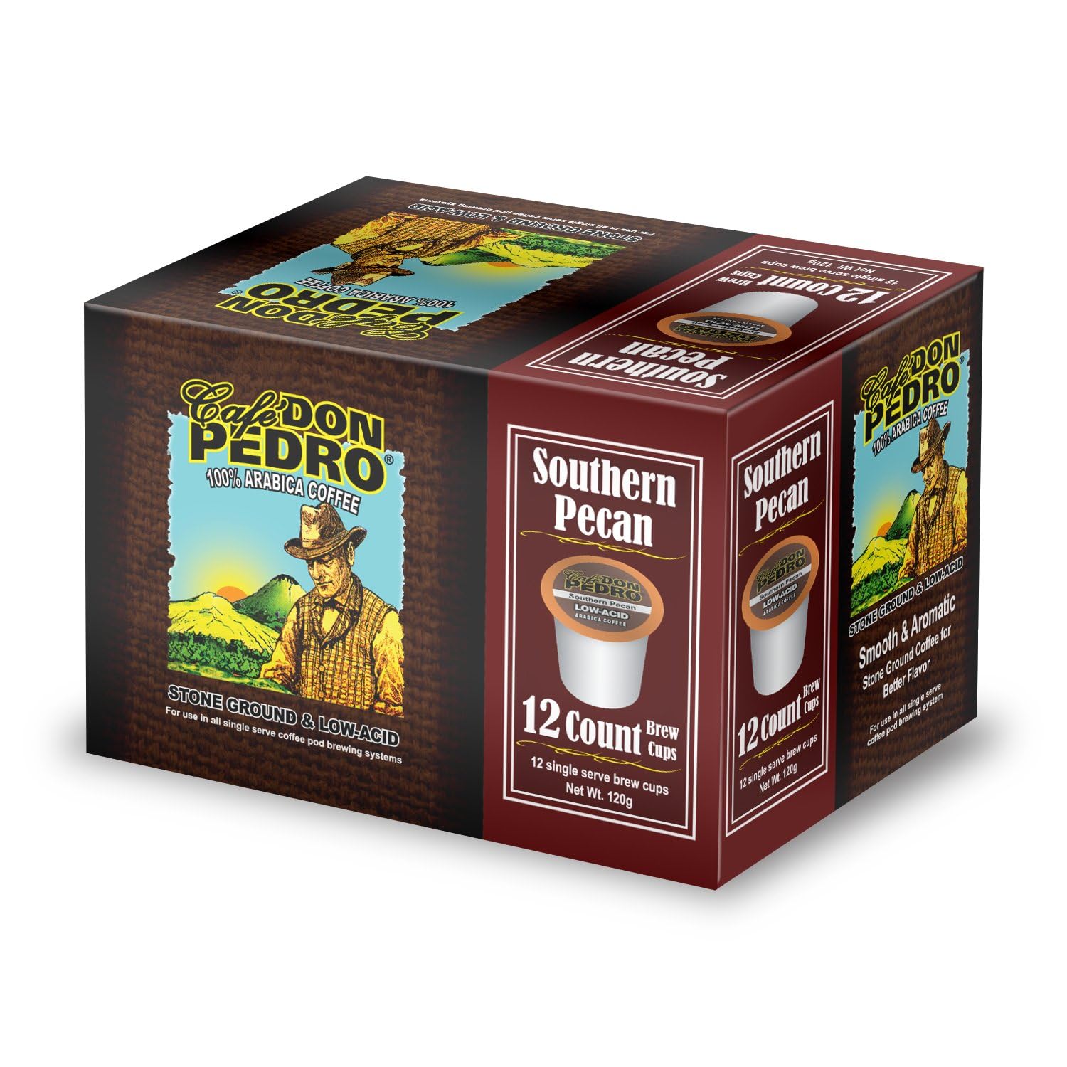 Cafe Don Pedro Southern Pecan Low Acid Coffee Pods, 12 Count - Compatible With Keurig K Cups Coffee Maker - 100% Arabica, Stone