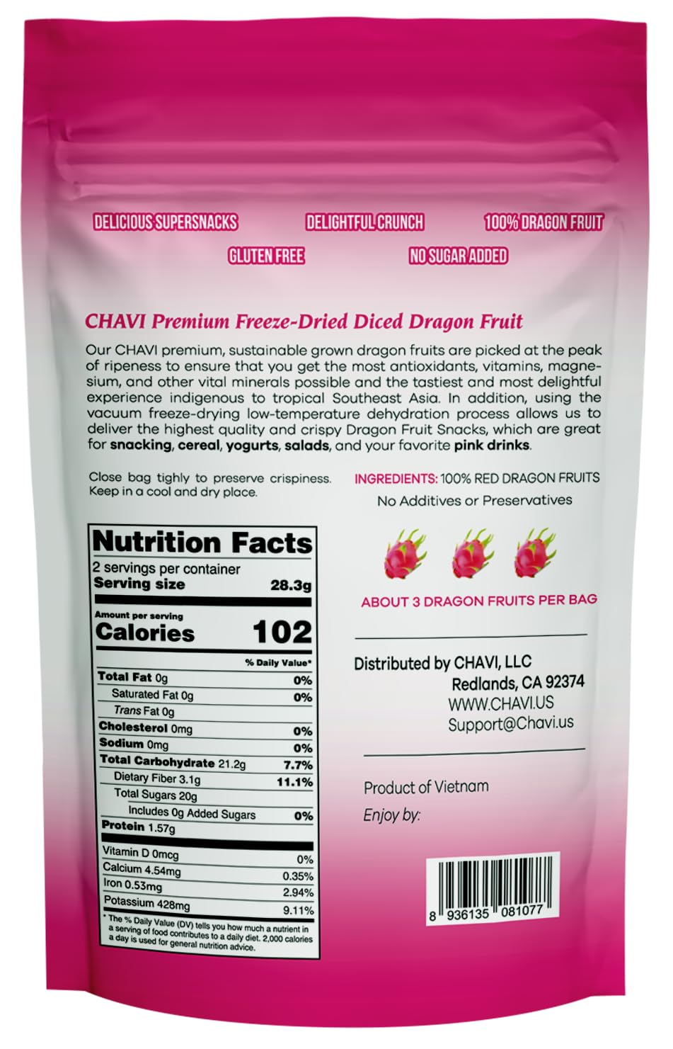 CHAVI Freeze-Dried Diced Dragon Fruit Snack - Healthy Superfood - Non-GMO, Vegan, Gluten-Free - 2 x 2 oz (Pack of 2)
