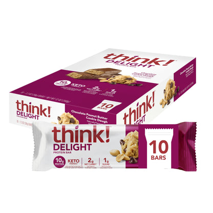 think! Delight, Keto Protein Bars, Healthy Low Carb, Gluten Free Snack - Chocolate Peanut Butter Cookie Dough, 10 Count (Packagi