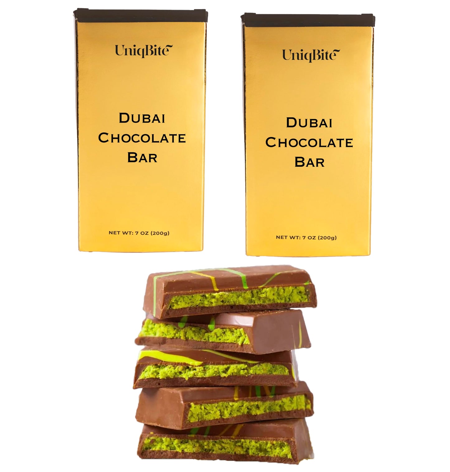 UniqBite Dubai Chocolate Bar Pistachio, 2 PACK, Crunchy Loaded Viral Knafeh Chocolate Bar with Pistachio Cream and Kataifi (Tota
