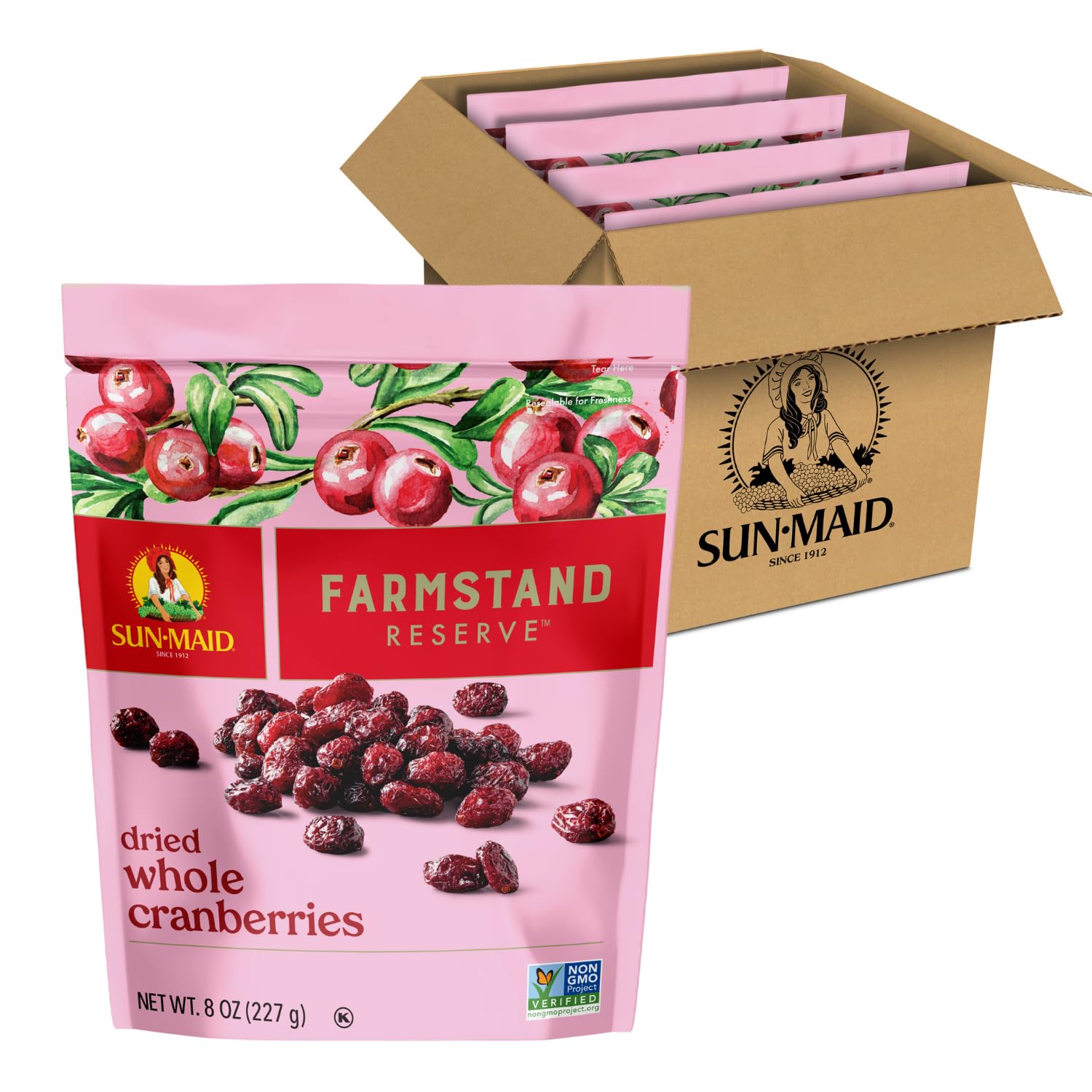 Sun-Maid Farmstand Reserve Whole Dried Cranberries - (4 Pack) 8 oz Resealable Bag - Dried Fruit for Holiday Snacks and Charcuter