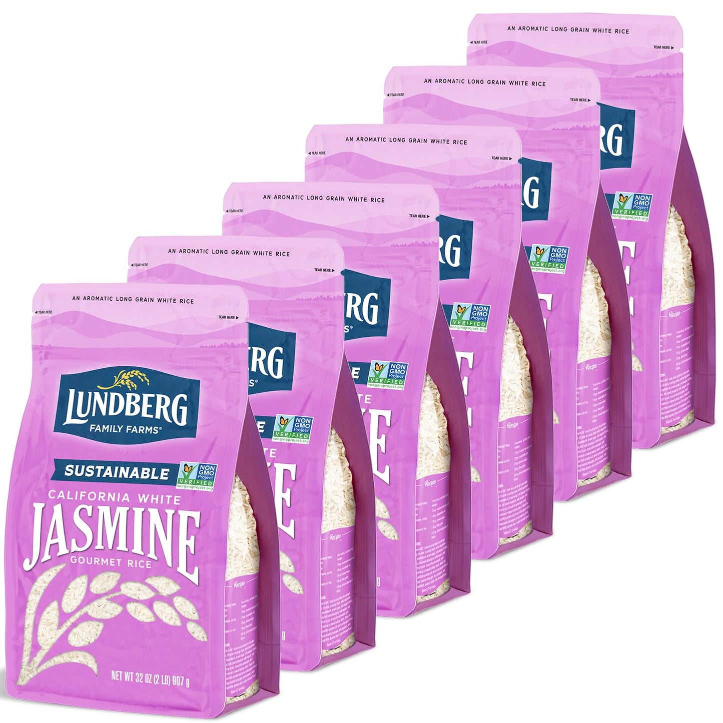 Lundberg Jasmine Rice, Non-Sticky Long Grain White Rice, 32 Oz (Pack of 6)