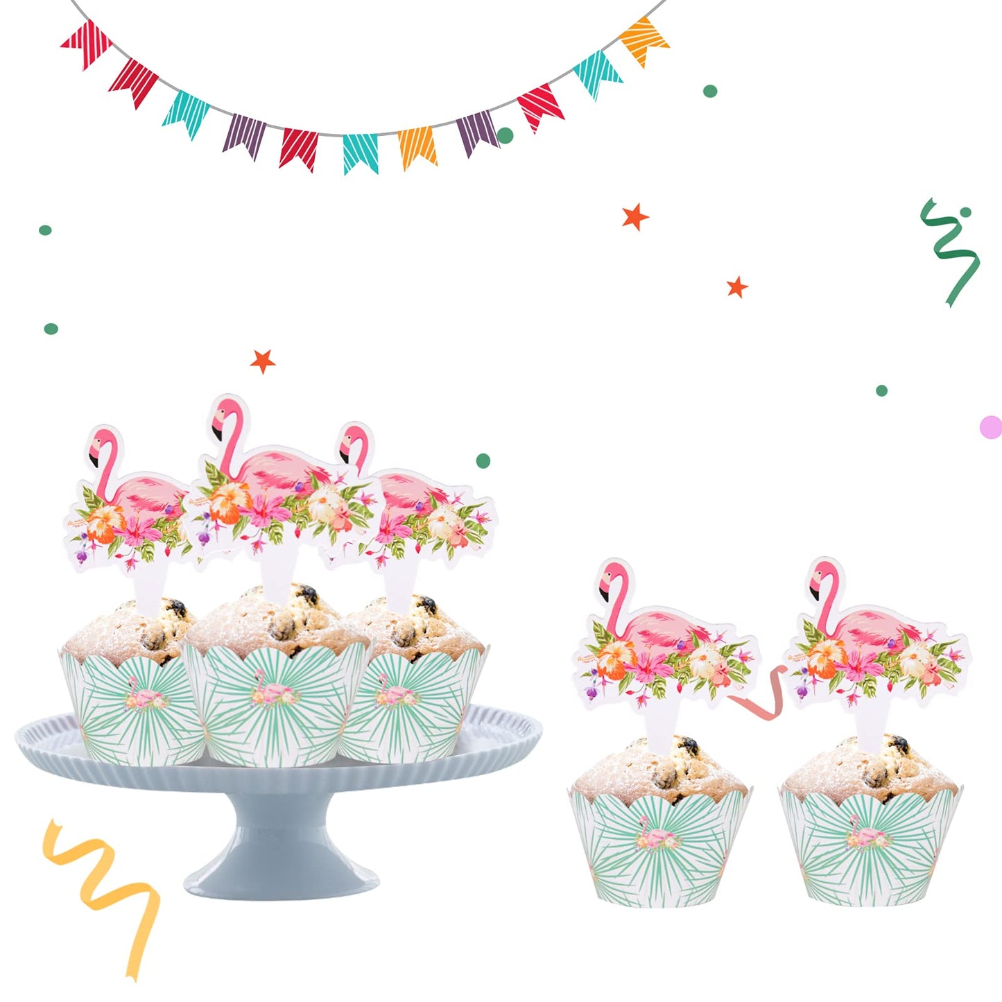 Hawaiian Luau Cupcake Toppers Cake Picks Flamingo Paper Cupcake Wrappers Flamingo Double-Sided Cupcake Toppers For Kids Party Bi
