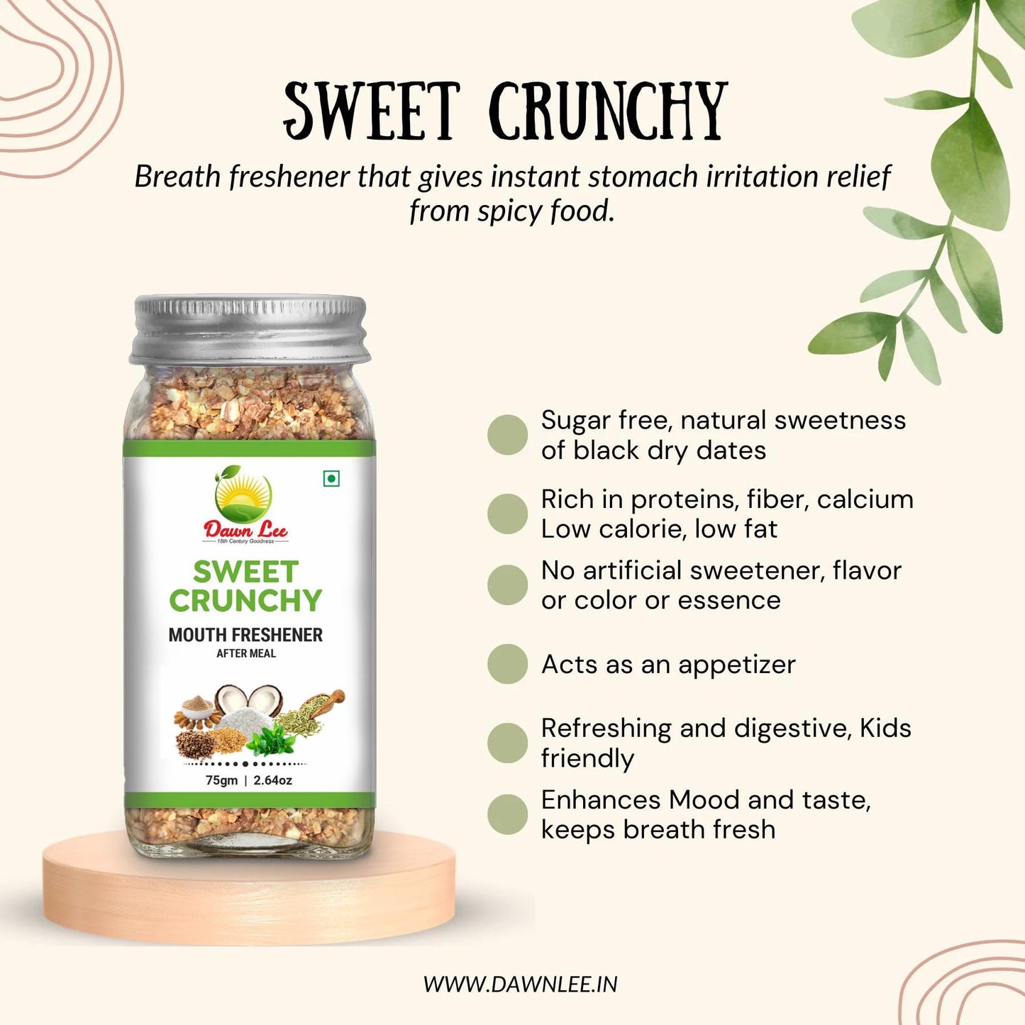 Dawn Lee Sweet Crunchy Mouth Freshener Mukhwas Digestive And Mood Enhancer Low-Calorie Fat   From Spicy Food Induced Stomach Irritation- 75 Gram