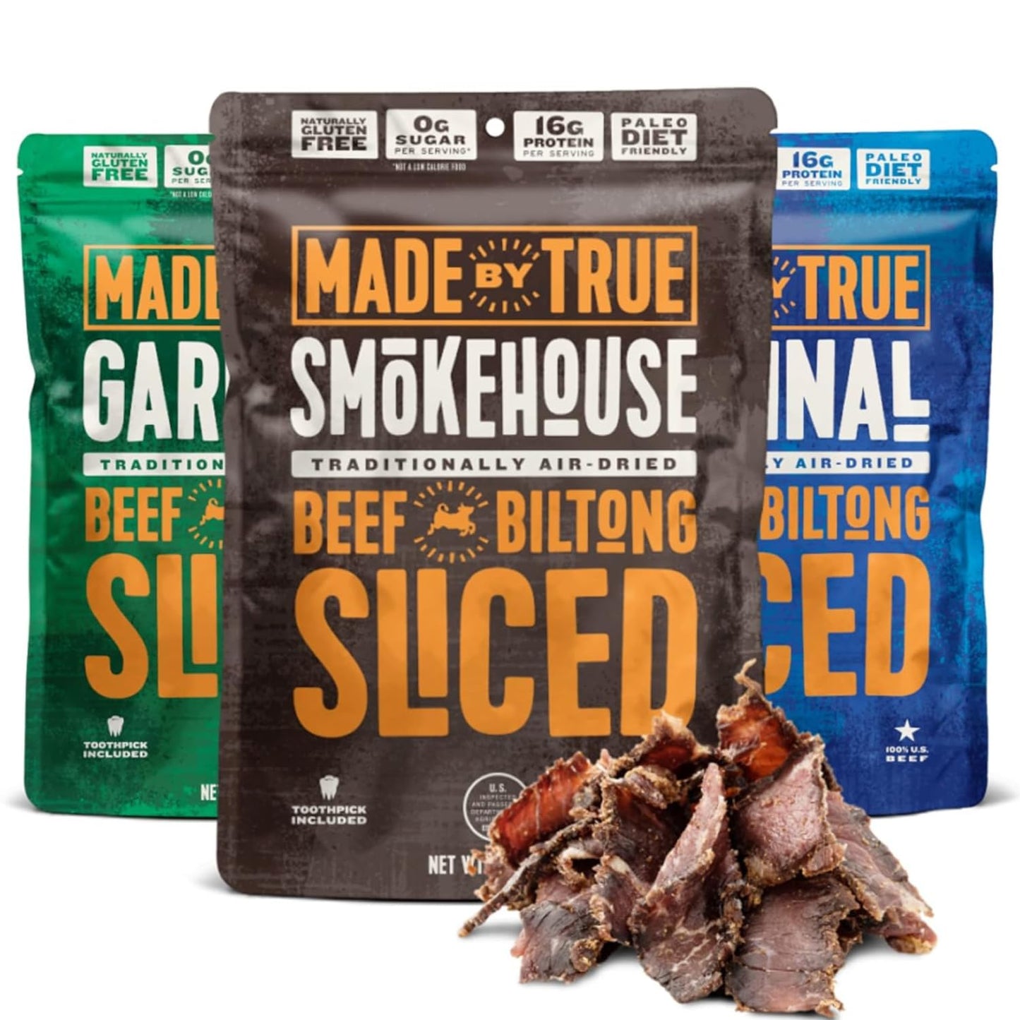 True Jerky Sliced Bites Savory Variety - All Natural, Zero-Sugar, High Protein, Keto, Paleo - 2 oz, Pack of 3