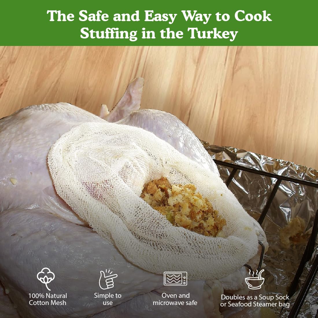 Regency Wraps Turkey Stuffing Bags, 100% Cotton Mesh Bag Allows Poultry Juice to Flavor Dressing with Mess-Free and Safe Removal