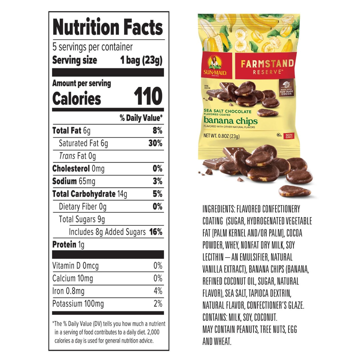 Sun-Maid Farmstand Reserve Sea Salt Chocolate Coated Banana Chips - (5 Pack) 0.8 Oz Snack Bag - Chocolate Covered Fruit Snack