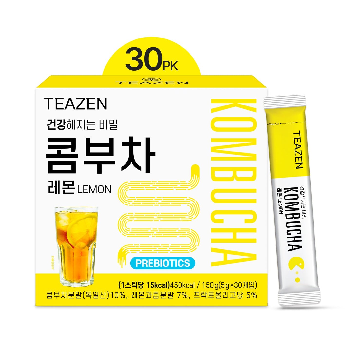 TEAZEN Lemon Kombucha Tea, Sugar Free Hydration Drink Mix, 30 Servings, Live Probiotics & Prebiotics