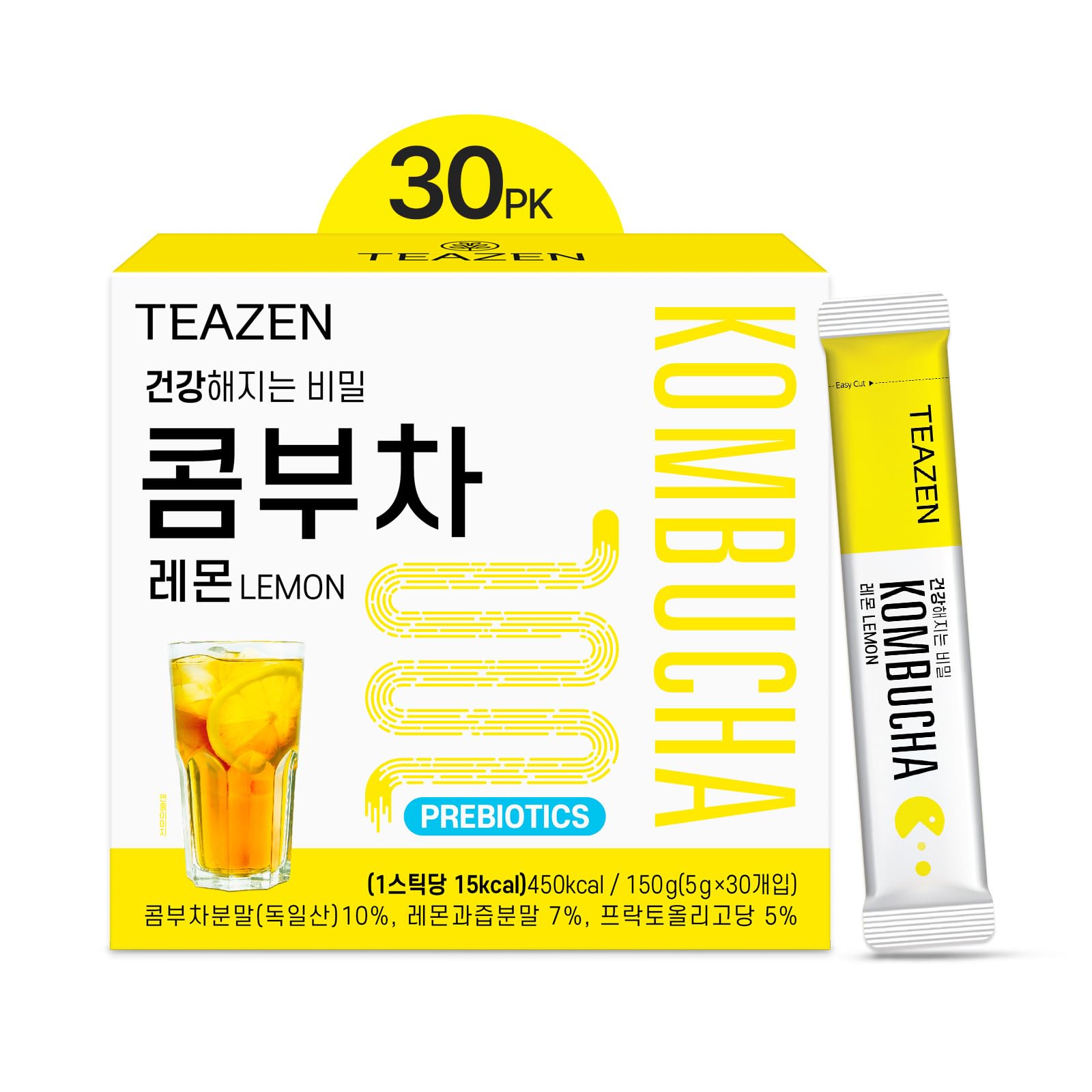 TEAZEN Lemon Kombucha Tea, Sugar Free Hydration Drink Mix, 30 Servings, Live Probiotics & Prebiotics