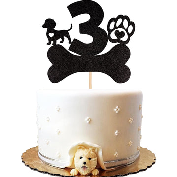 1 PCS 3rd Birthday Cake Topper Black Glitter Dog Paw Three Years Old Birthday Puppy Dog Bone Cake Pick for Let's Pawty Baby Show