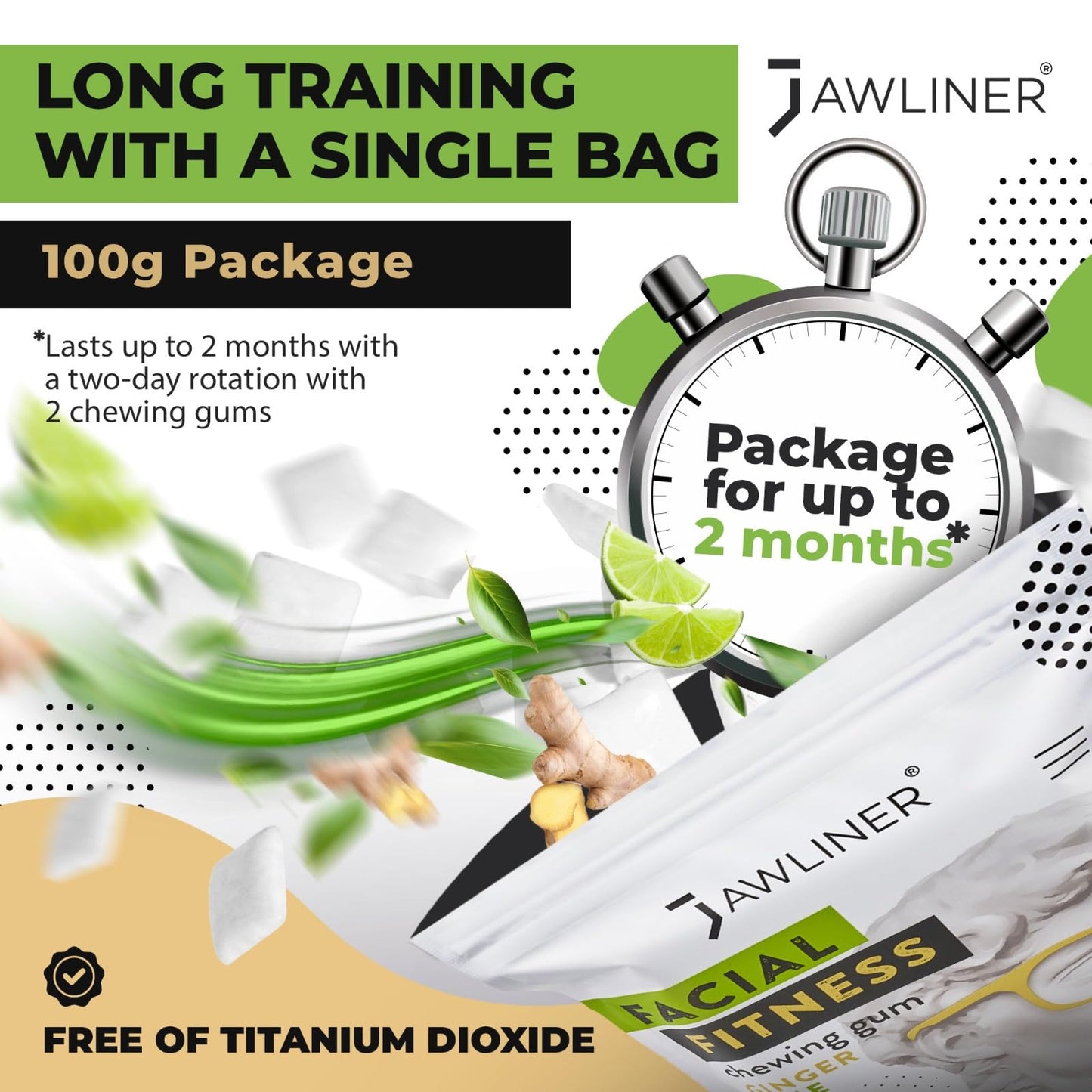 Jawliner® - Pioneers The Toughest Handmade 15X Harder Jawline Gum Includes 12 Weeks Coaching - Sugar-Free Ginger Lime Chewing Gum - Jawline Exerciser For Mewing & Shaping The Jaw (6 Months Pack)