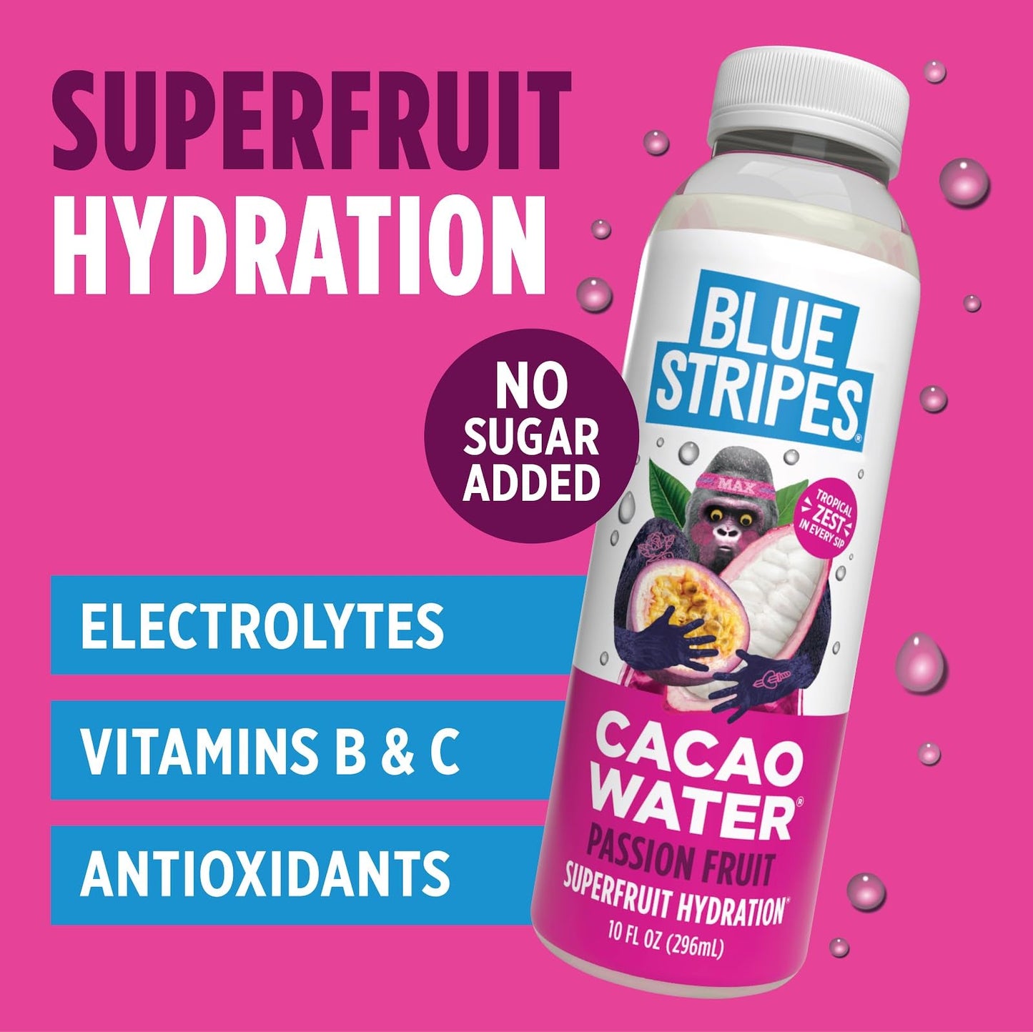 Blue Stripes Cacao Water - Cold Pressed Superfruit Hydration with Electrolytes & Antioxidants, No Sugar Added, All Natural, Grea