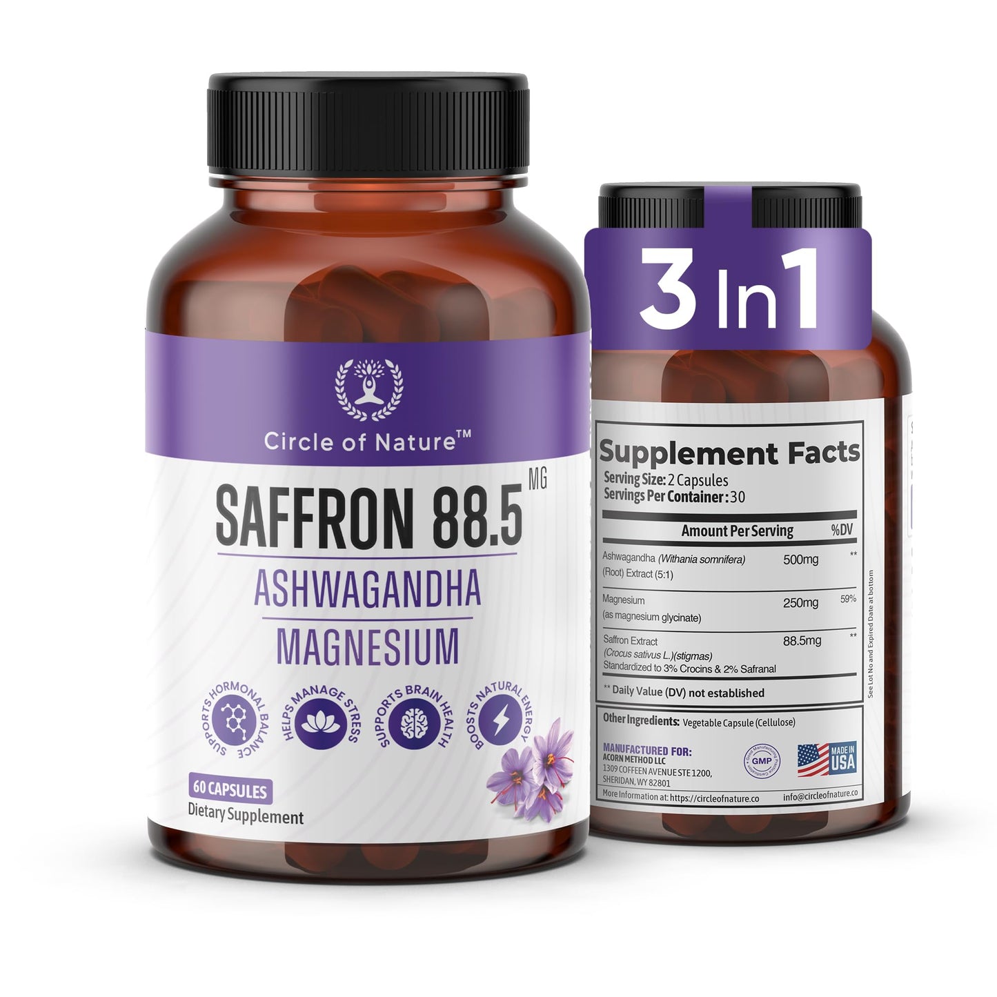 Circle Of Nature Saffron Dietary Support 88.5Mg Boosted With Ashwagandha & Magnesium Glycinate  For Mood & Mental Health Support  60 Clean Units  Saffron Stigma Extract  Made In Usa