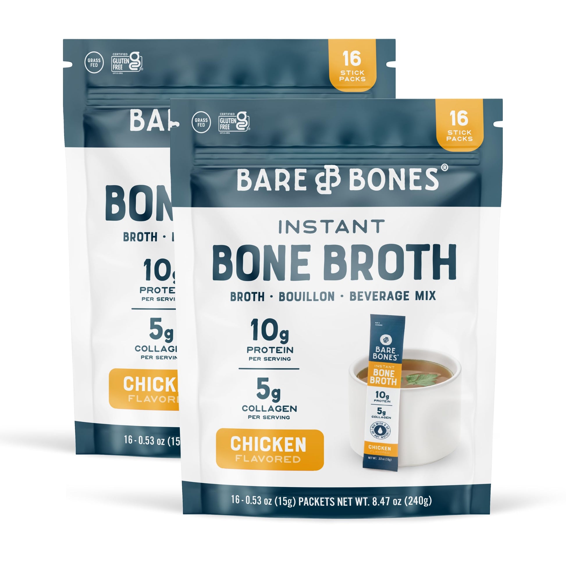 Bare Bones Bone Broth Instant Powdered Beverage Mix, Chicken, Pack of 32, 15g Sticks, 10g Protein, Keto & Paleo Friendly