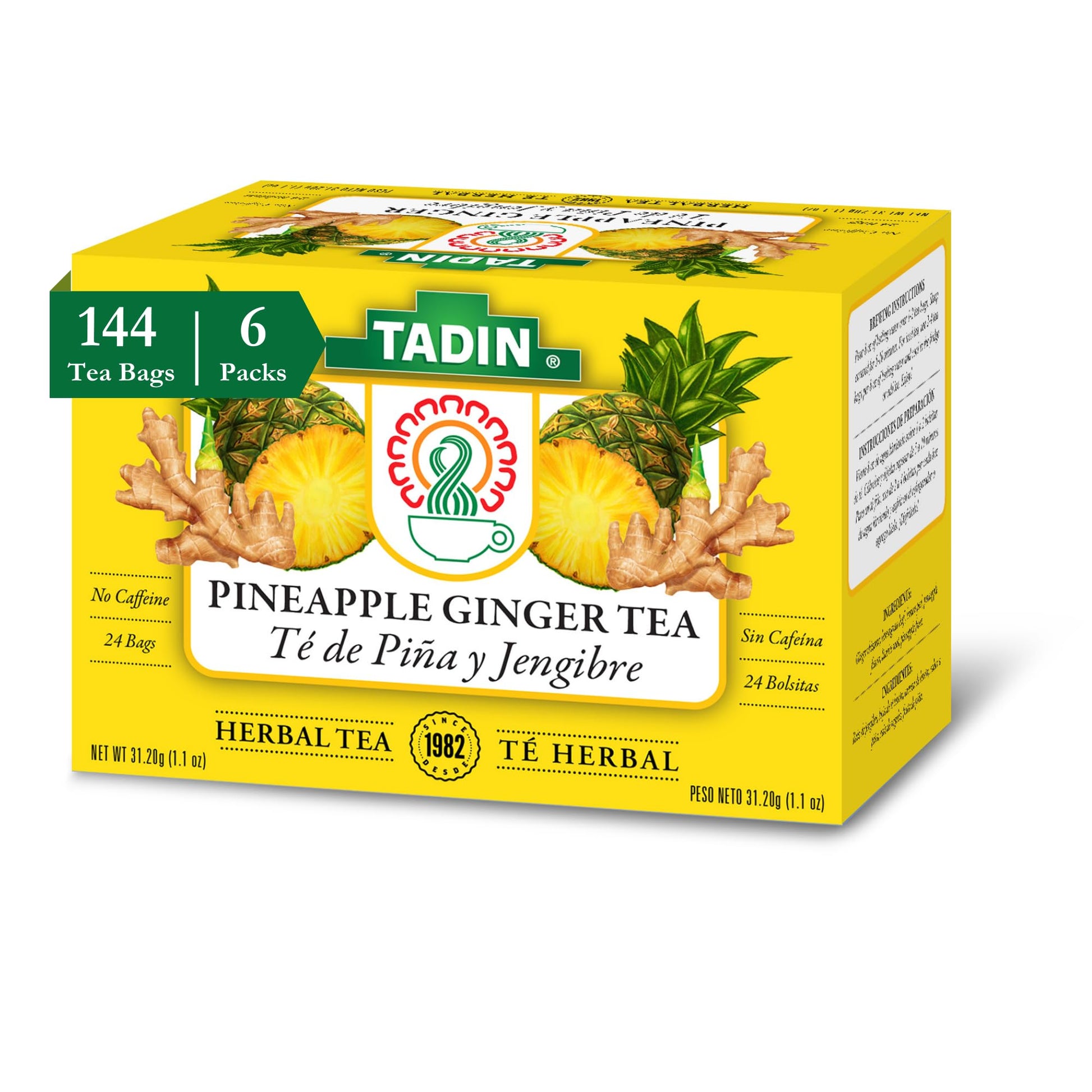 Tadin Pineapple Ginger Herbal Tea, Caffeine Free, 24 Bags, Pack of 6