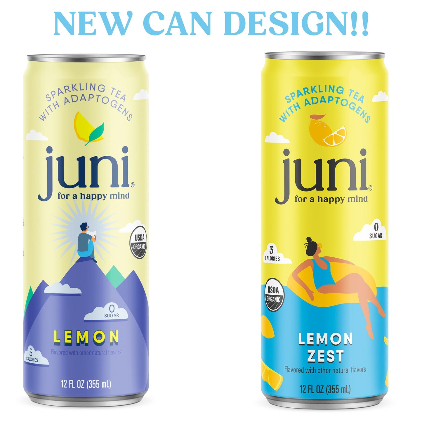 Juni Sparkling Tea with Adaptogens  Lemon Tea  Zero Sugar  5 Calories  Organic  Iced Tea  Natural Caffeine from Green Tea  Vegan  Adaptogen Drink  12 Fl Oz Cans (12-Pack)