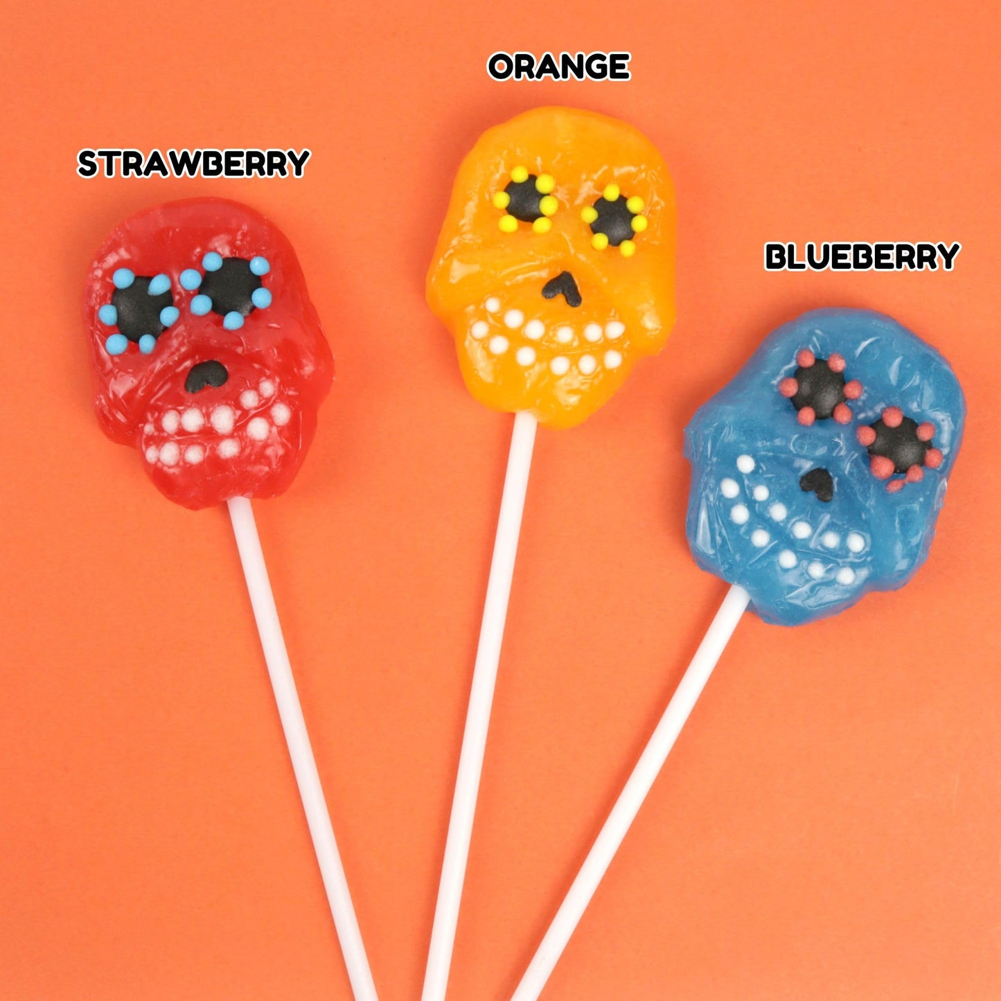 Sweetzo Halloween Sugar Skull Candy Lollipops  Individually Wrapped Dia De Los Muertos Suckers  Strawberry  Orange and Blueberry Flavored (24 Pieces)