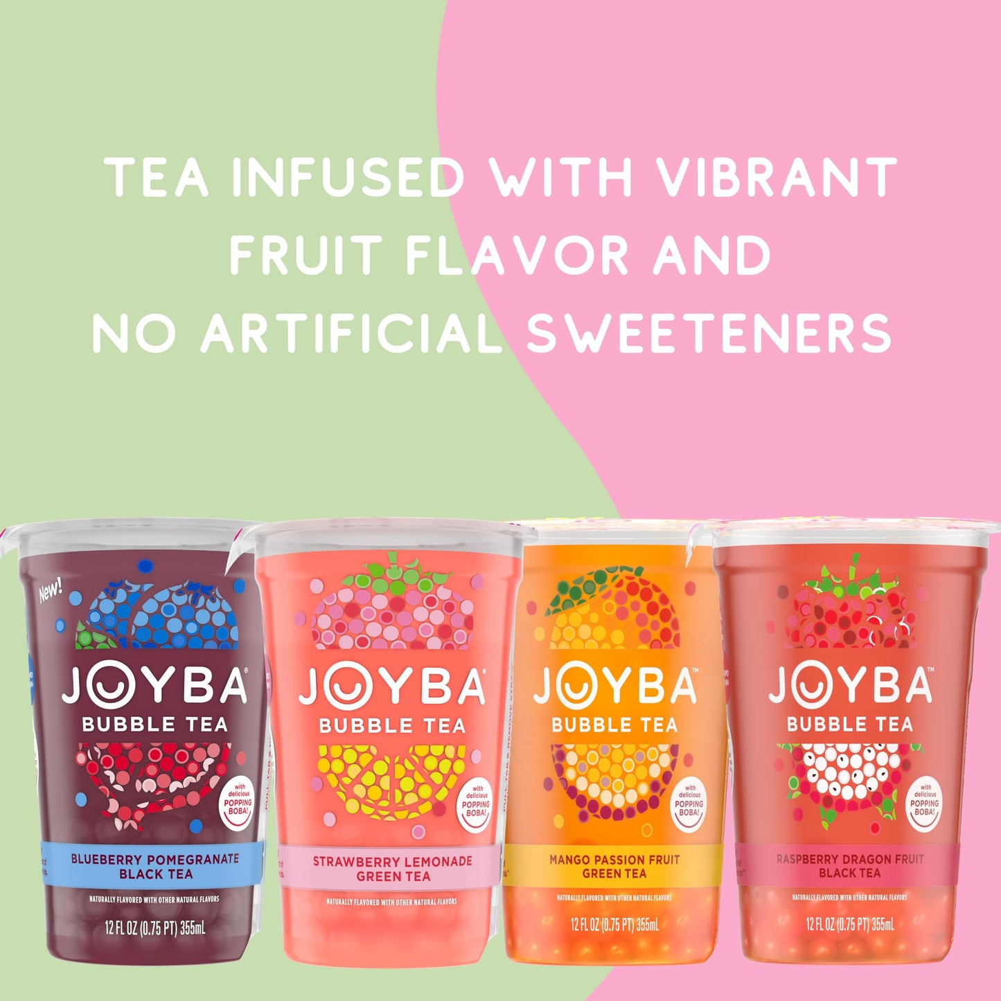 JOYBA Strawberry Rose Bubble Tea, 12 fl. oz. Cups, 4 Pack, Botanicals Infused