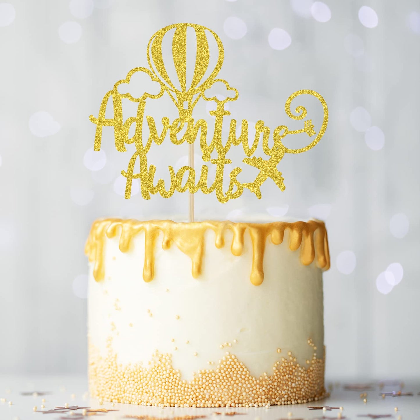 Hotmoon Adventure Awaits Cake Topper, Gold Glitter, Graduation/Retirement/Baby Shower Party Decorations, Model HM-0324