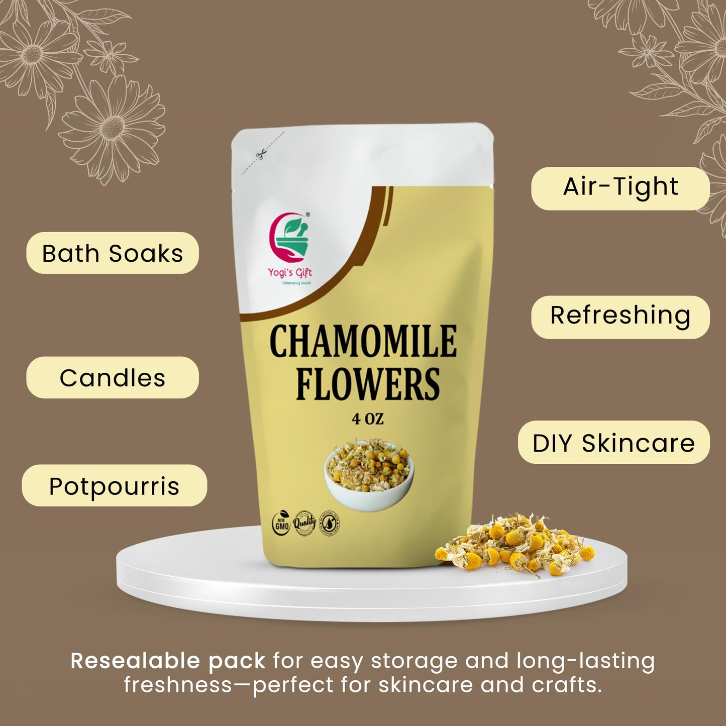 Chamomile Flowers 4 Oz, 100% Natural Loose Leaf Chamomile Tea, Whole Dried Flowers For Herbal Tea, Resealable Bag For Freshness - By Yogi’S Gift®