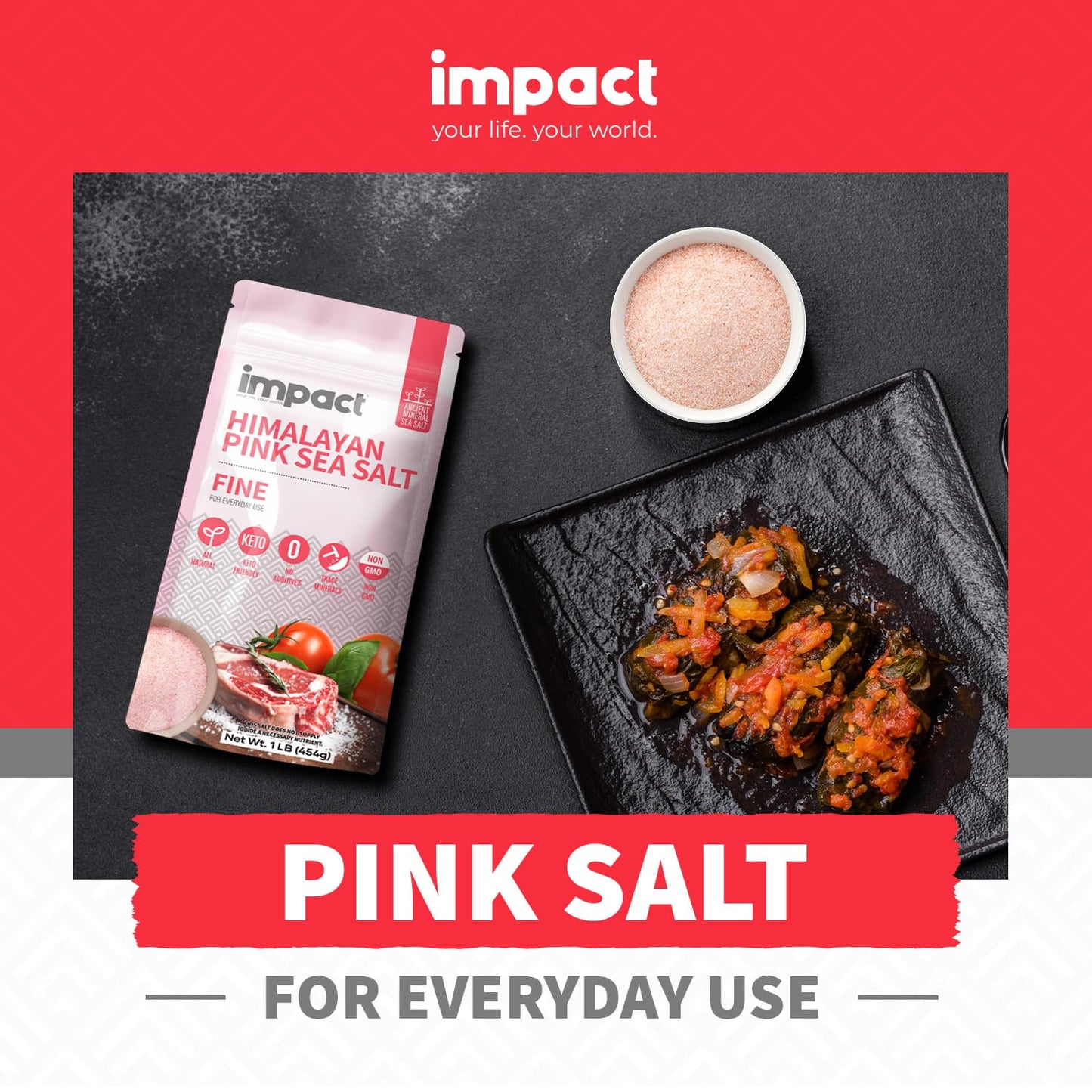 Impact Himalayan Pink Sea Salt, Non-GMO, Gluten-Free, 1lb Pouch, Rich in Trace Minerals