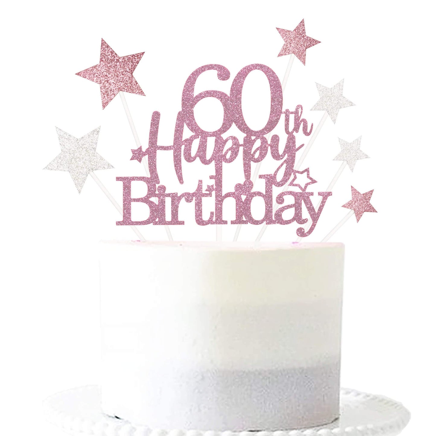 Pargleev Glittery 60th Birthday Cake Topper, Rose Gold Star Design, Personalised Party Decoration for Men and Women