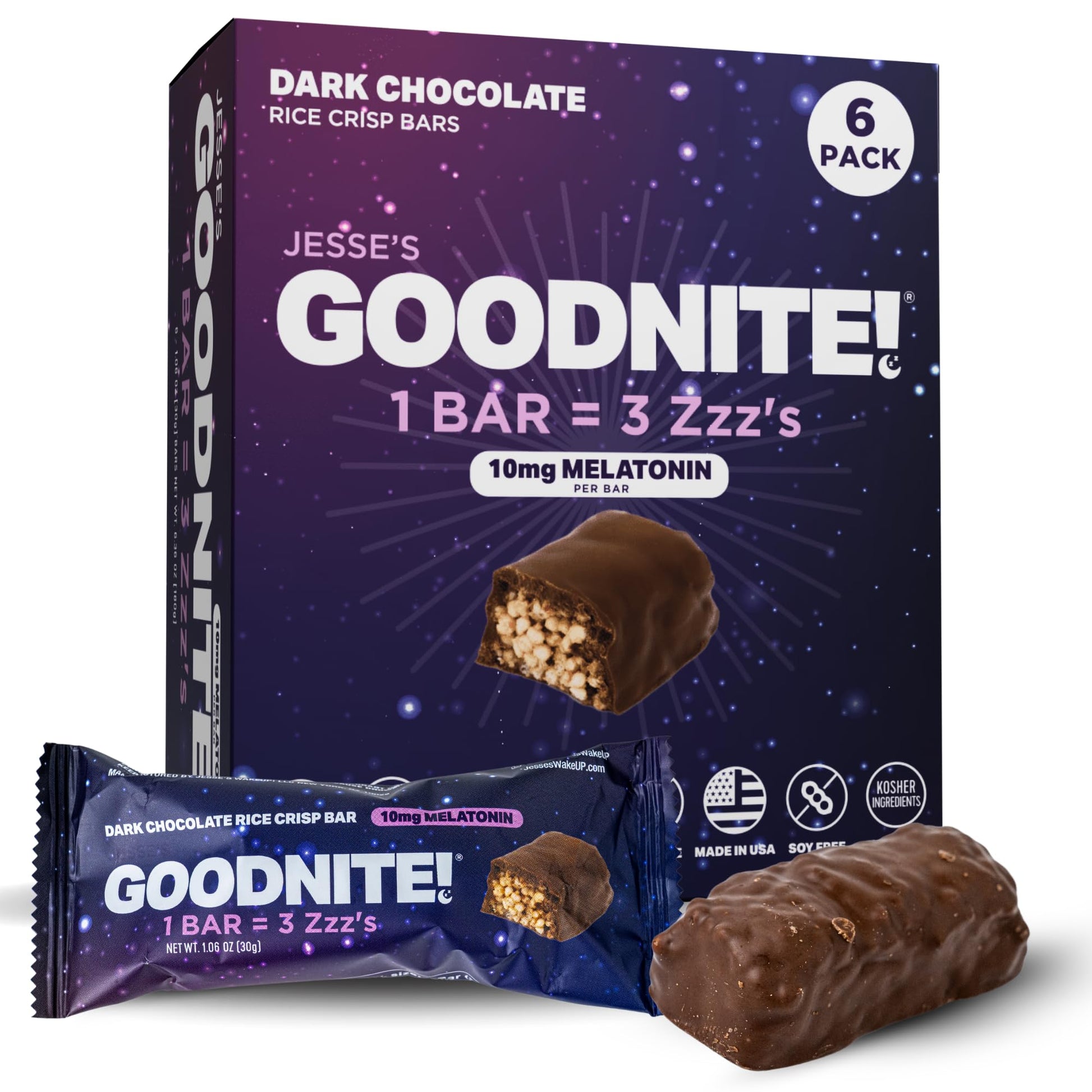 Goodnite! Sleep Bars – “The Lullaby Bar – Sleep Faster, Sleep Better” – Dark Chocolate Protein Sleep Snack With 10Mg Melatonin & L-Theanine – Vegan, Gluten-Free, Kosher – 6 Pack
