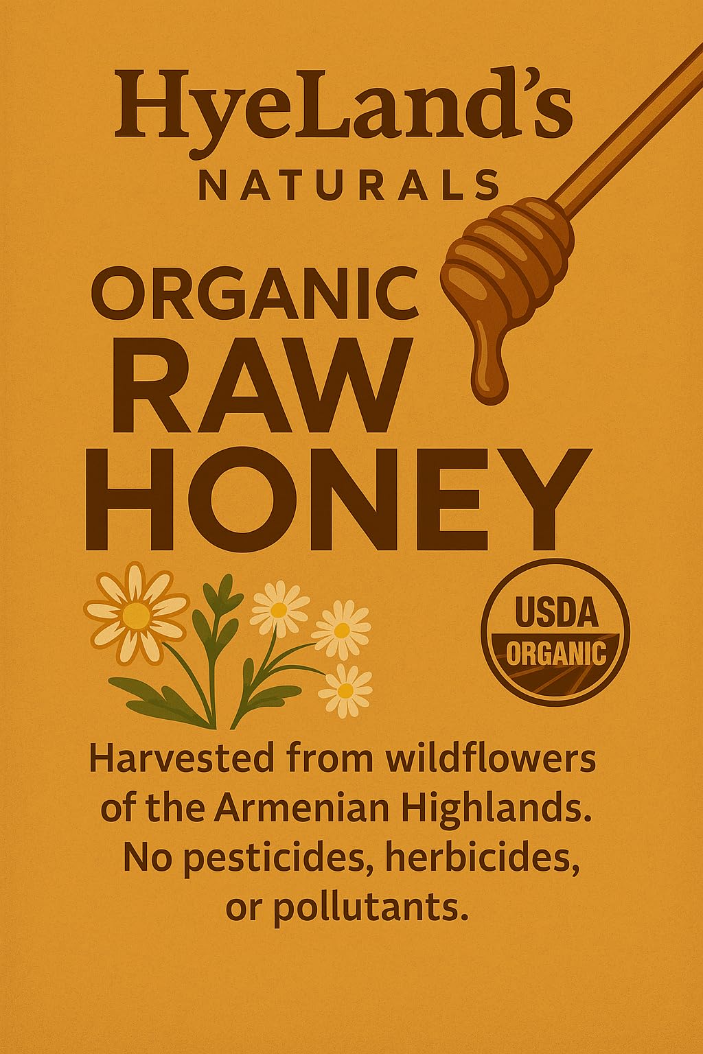 16oz- Glass Jar HyeLands Naturals USDA Organic Raw Wildflower Honey from the highlands of Armenia- NO Pesticides, NO Preservati