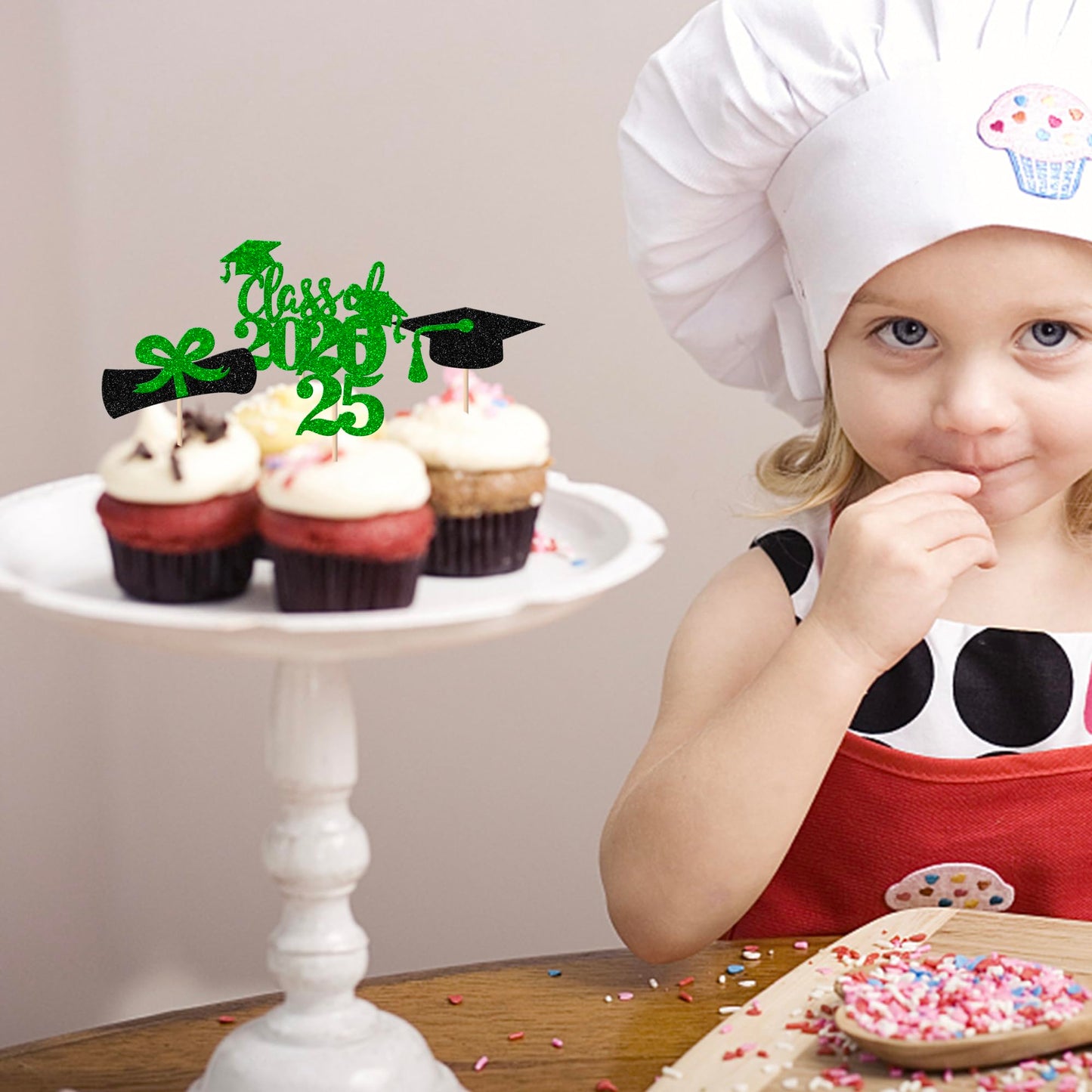 YCTHUNFISH 24 Pack Cupcake Toppers Graduation Theme Green Small Decorations for Class of 2025 Party Supplies