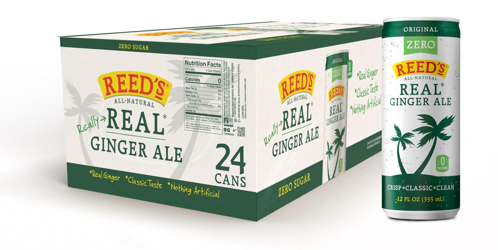 Reeds Zero Sugar Ginger Ale - Organic Ginger - 12oz Slim Cans, 24 Pack
