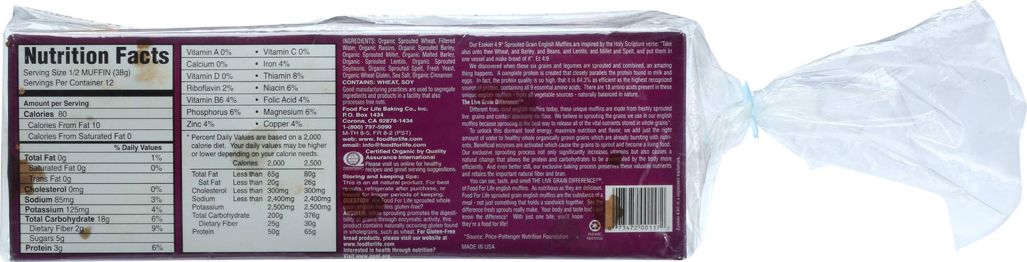 Food For Life Flourless Sprouted English Muffins, Cinnamon Raisin, 16 oz (Frozen)