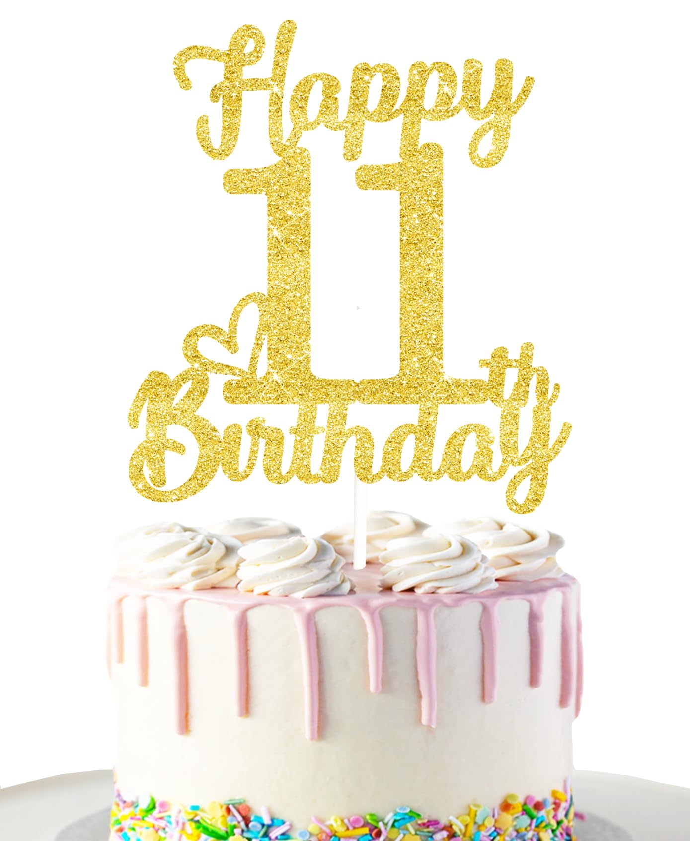 11Th Birthday Cake Topper - Double Sided Gold Glitter, Happy 11Th Birthday Cake Decorations For Girls,11 Cake Topper For Girls,