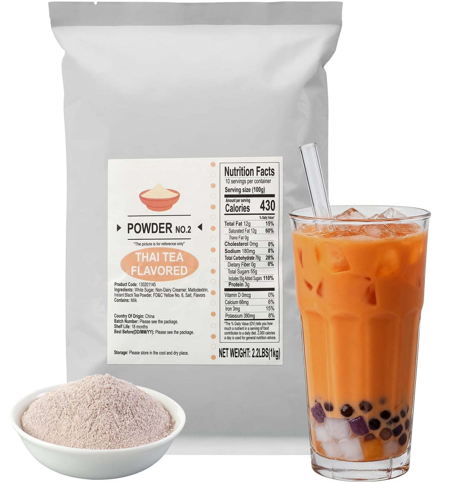 Soeos Thai Tea Flavored Powder, 2.2 lbs (1kg) - Instant Bubble Tea Mix with Creamer & Sugar, Easy to Prepare, Perfect for Boba D