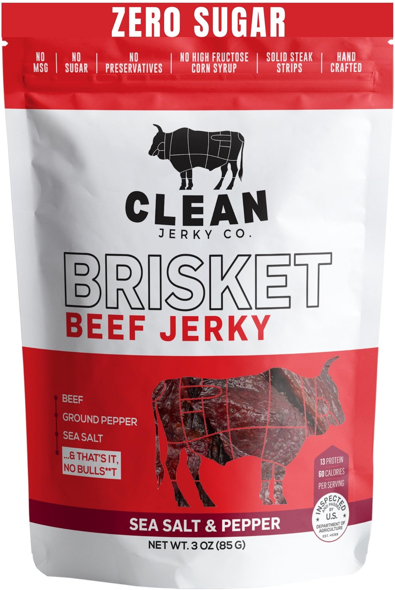 Clean Jerky Co. Old Fashioned Dry Zero Sugar Beef Jerky | Salt & Pepper- Flavorful Protein Snack | Made with 100% Beef | No MSG  No Sugar  No Nitrates  No High Fructose Corn Syrup  No Junk